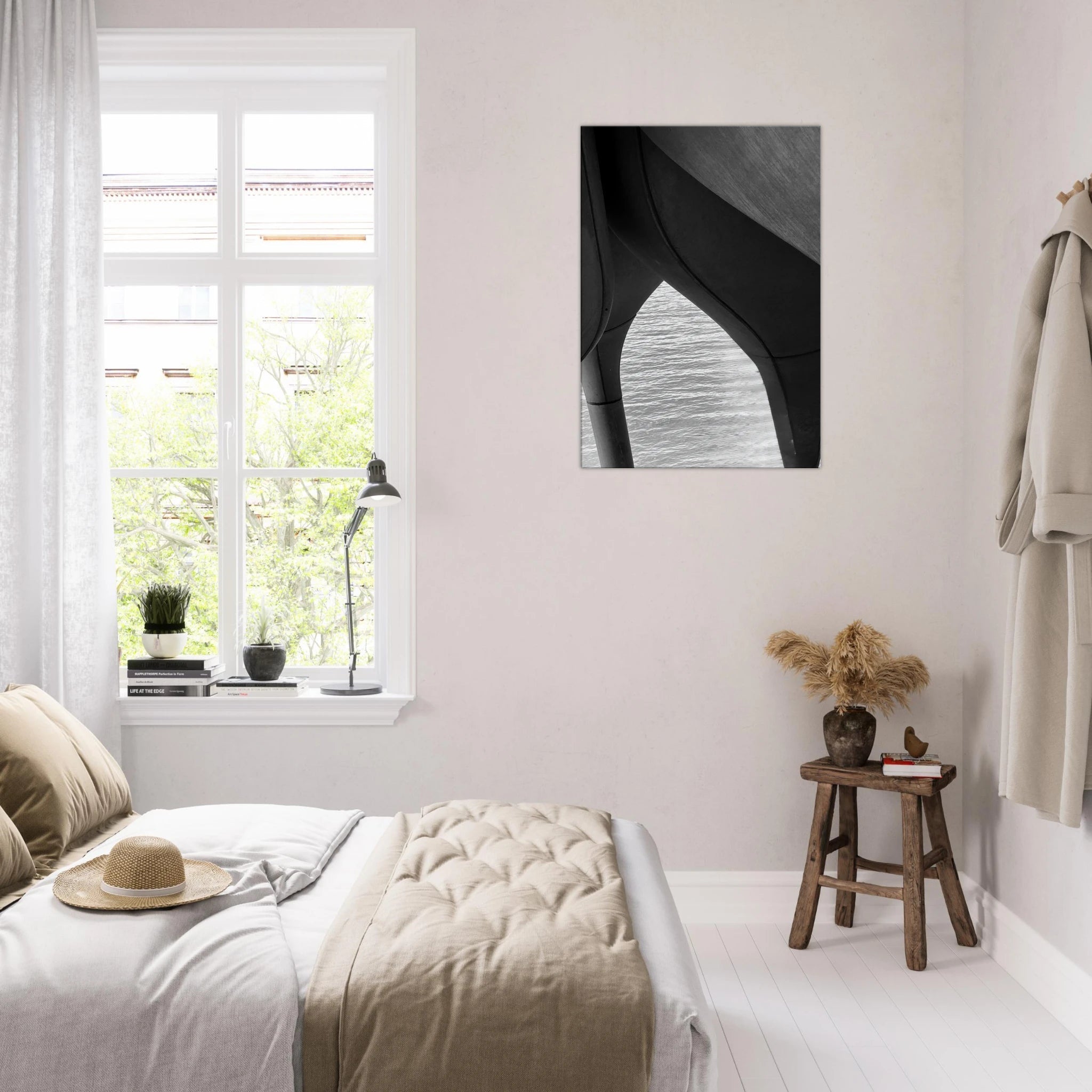 Black and white abstract canvas art of NYC Hudson River pier with high heels in water, part of the Travel Collection studio edition.