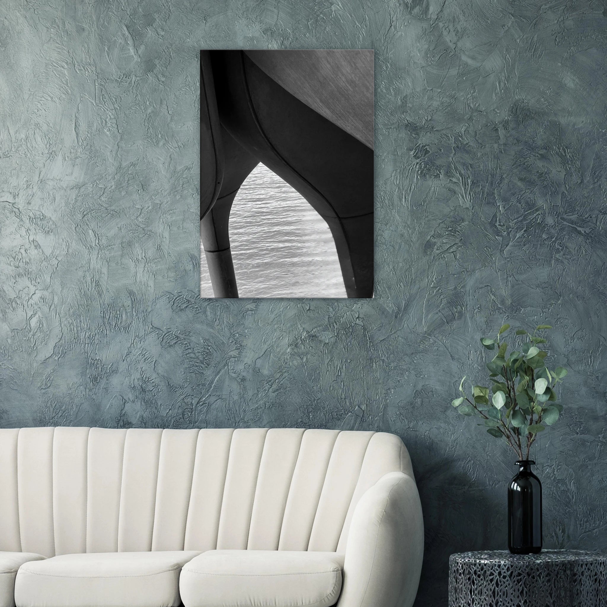 Black and white NYC Hudson River Pier abstract canvas print featuring high heels in water from the Travel Collection.