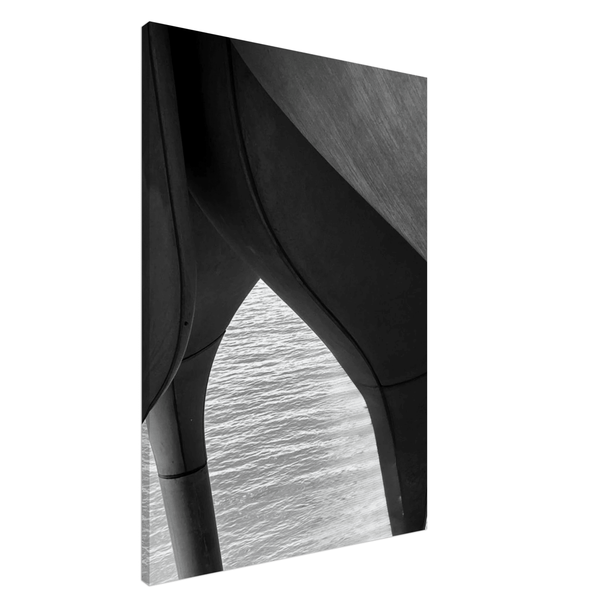 Abstract black and white canvas art print of NYC Hudson River pier with high heels in water, part of the Travel Collection studio edition.