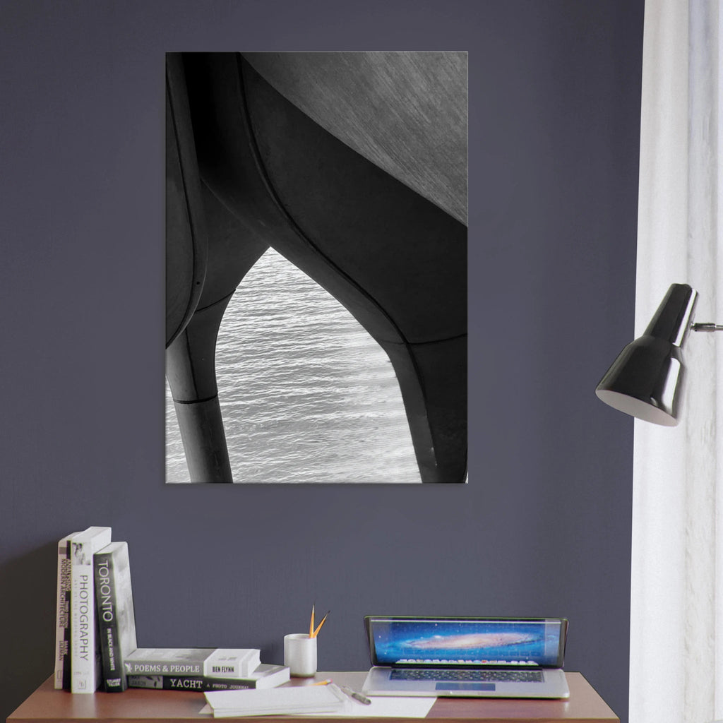 Abstract black and white canvas print of NYC Hudson River Pier with high heels in water, part of the Studio Edition Travel Collection.