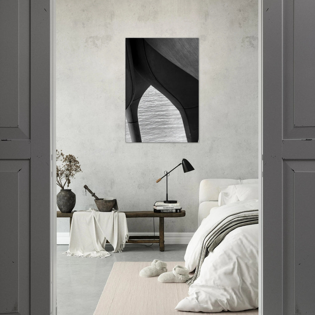 Black and white abstract canvas print of NYC Hudson River Pier with high heels in the water, part of the Studio Edition travel collection.