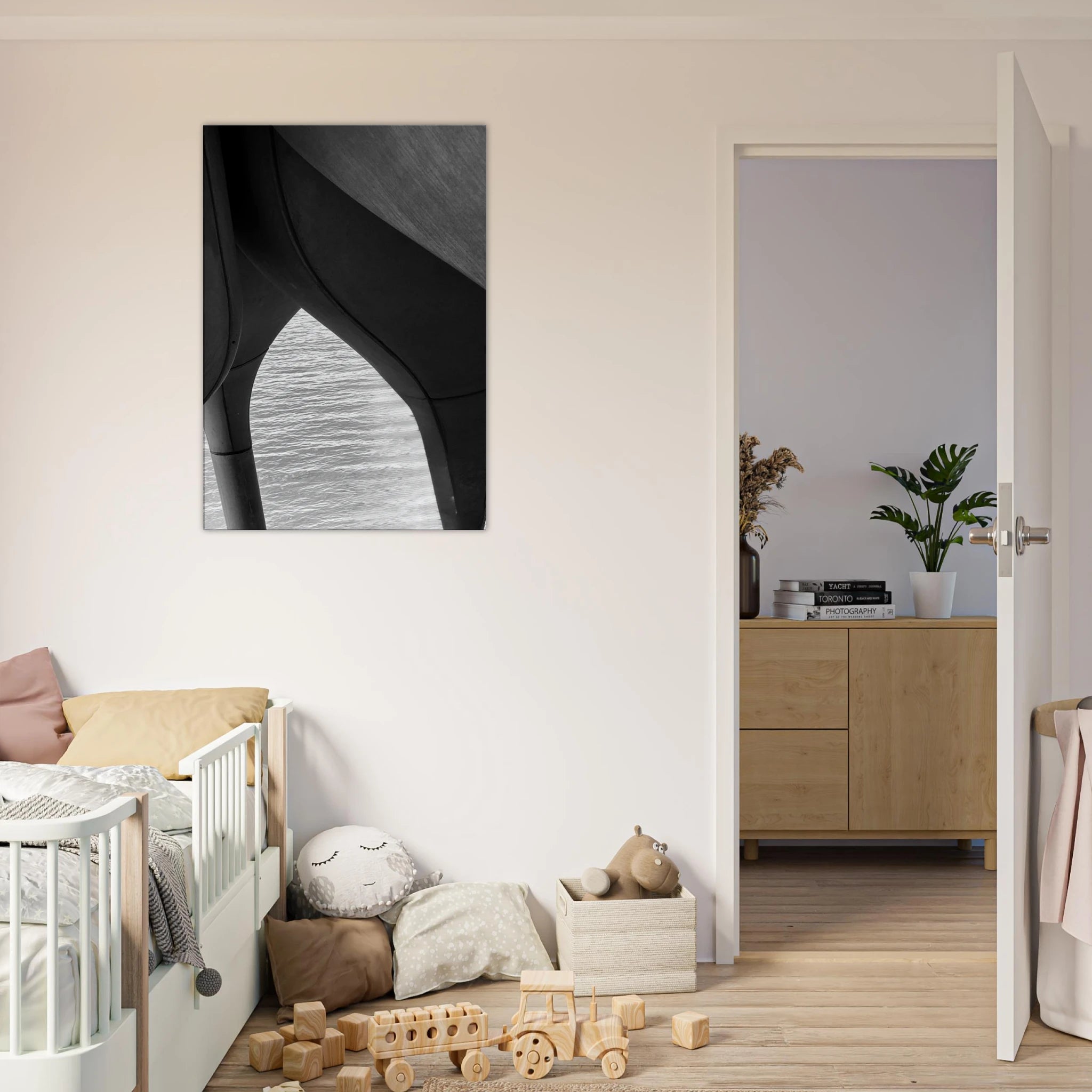 Black and white NYC Hudson River Pier abstract canvas print featuring high heels in water, part of the Studio Edition travel collection.