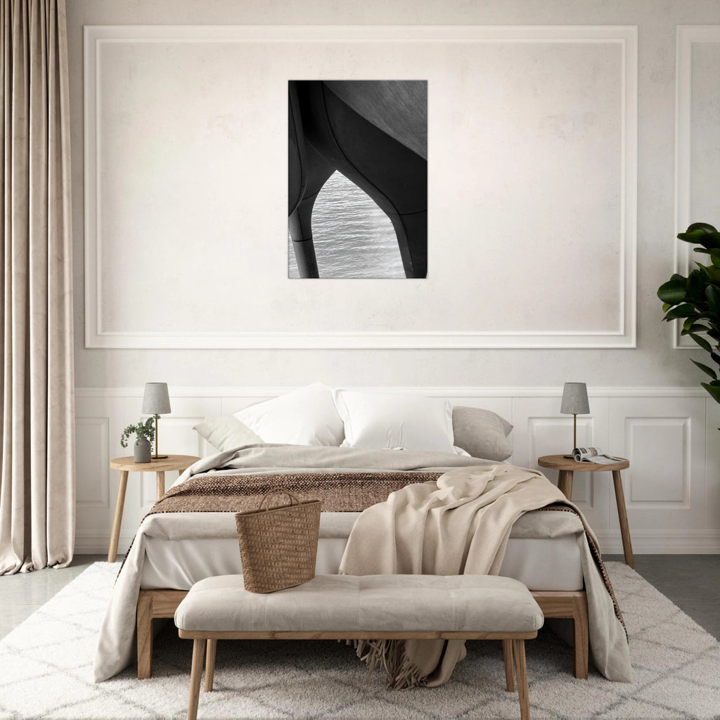 Black and white abstract canvas print of NYC Hudson River pier with high heels in water, part of the Travel Collection by My Store.