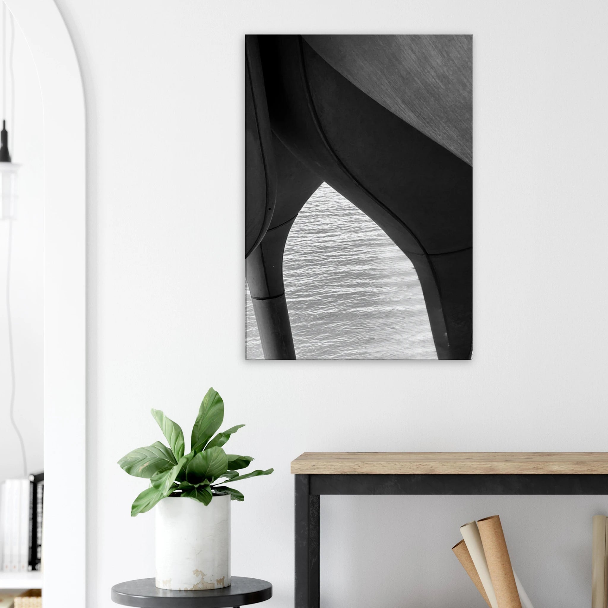 Black and white NYC Hudson River Pier abstract canvas print featuring high heels in water, from the Studio Edition Travel Collection.