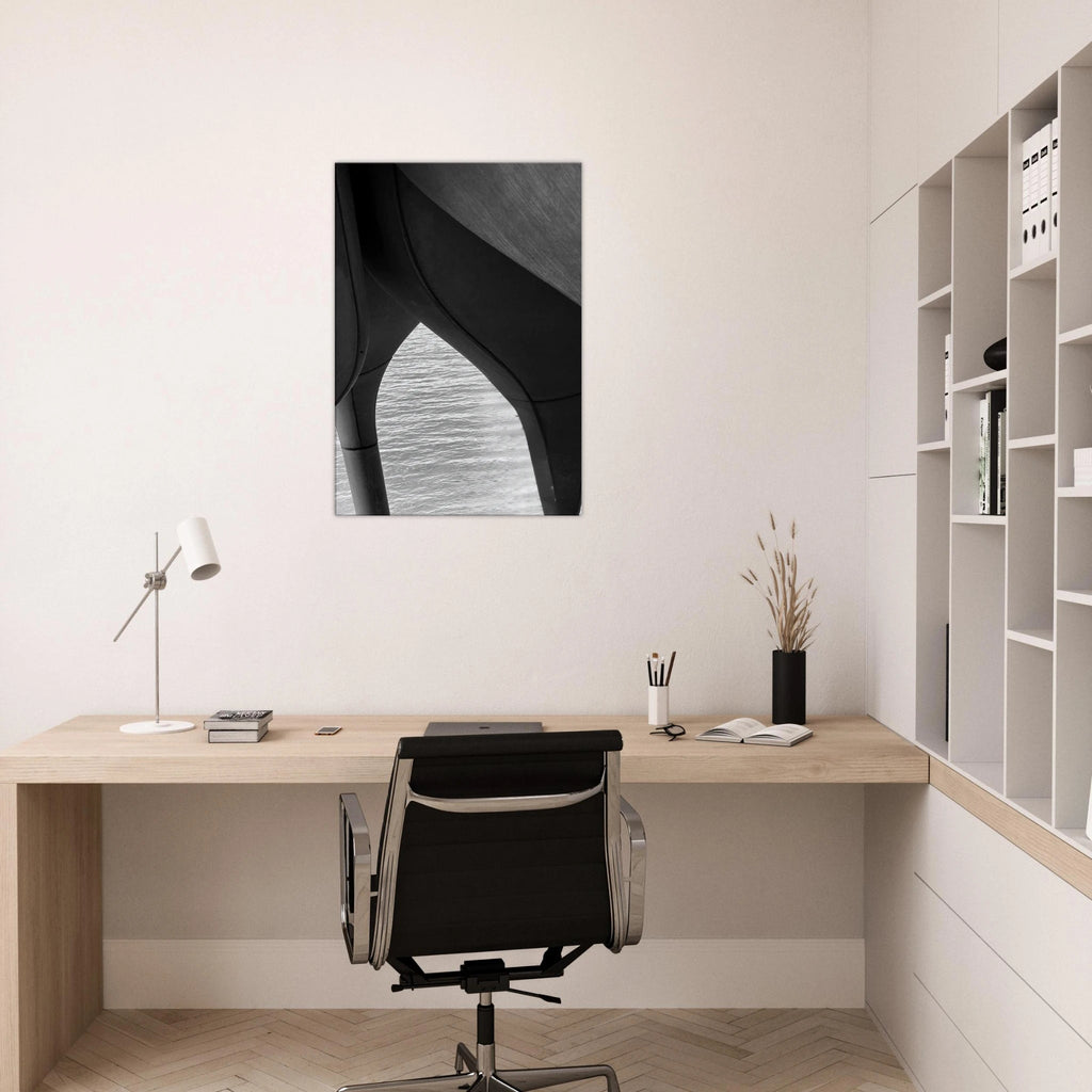 Black and white abstract canvas print of NYC Hudson River Pier with high heels in water, part of the Travel Collection studio edition.