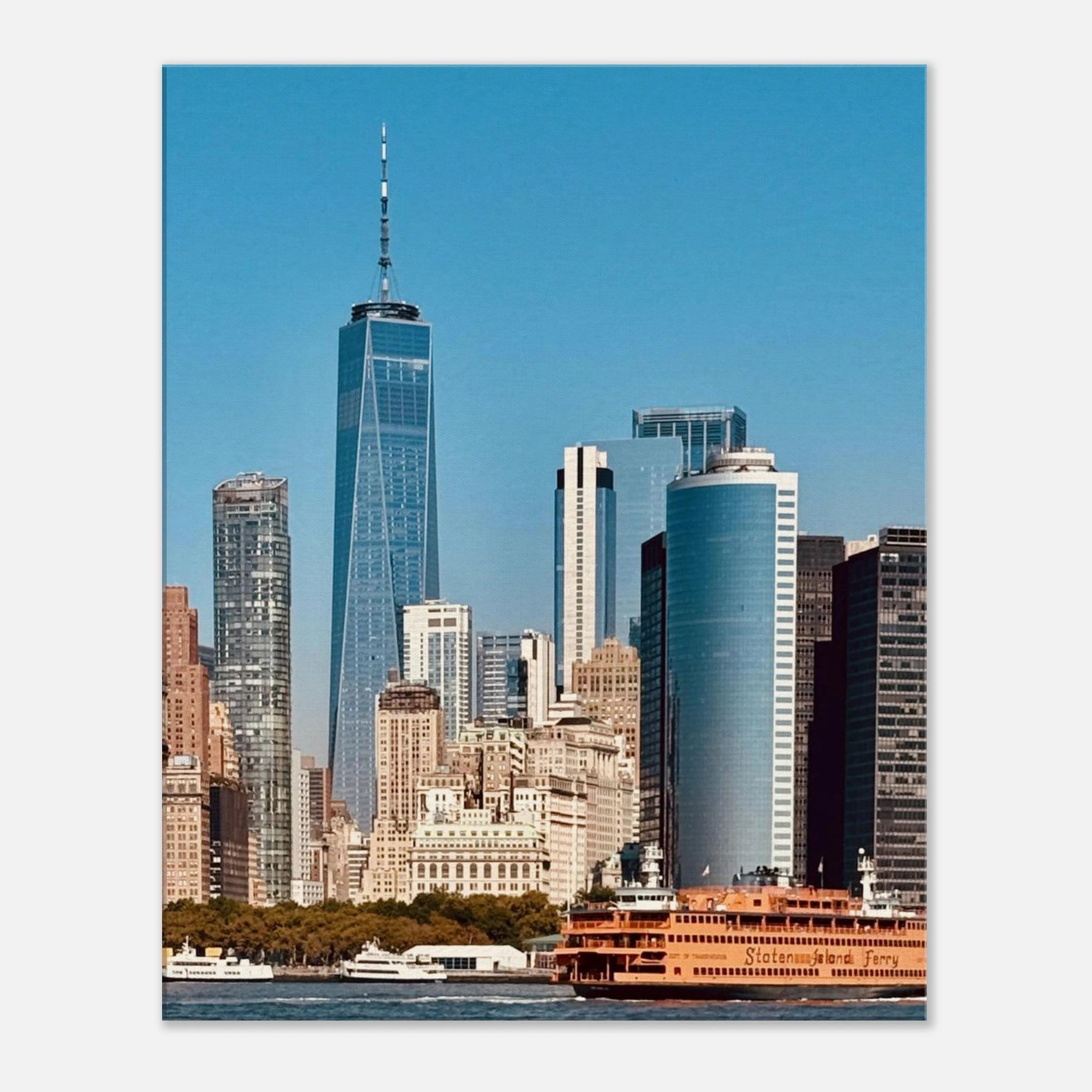 NYC Skyline canvas print featuring the World Trade Center and Staten Island Ferry, part of the Studio Edition Travel Collection.