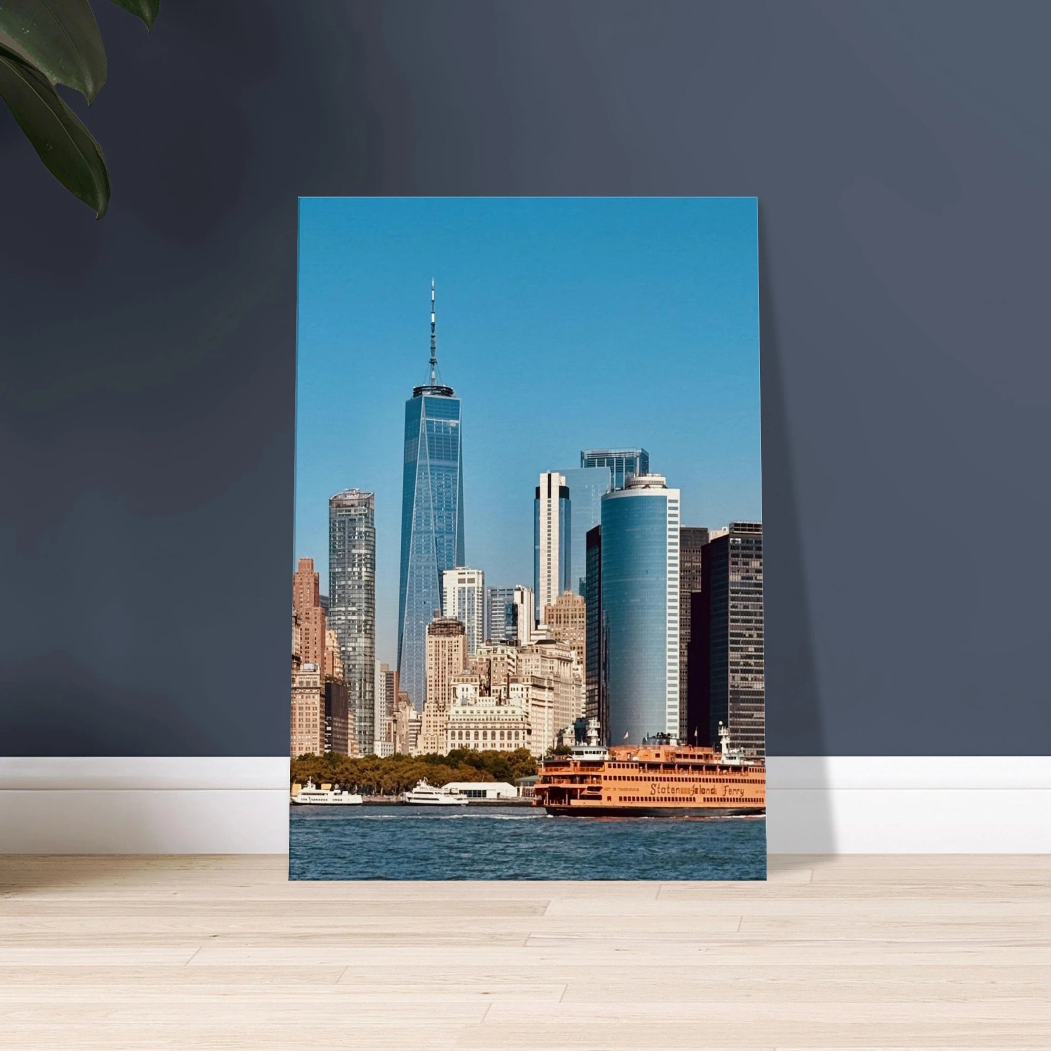 NYC skyline canvas print featuring the World Trade Center and Staten Island Ferry, part of the Travel Collection, studio edition.
