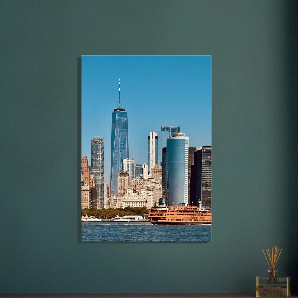 NYC skyline canvas print featuring the World Trade Center and Staten Island Ferry, part of the Studio Edition Travel Collection.