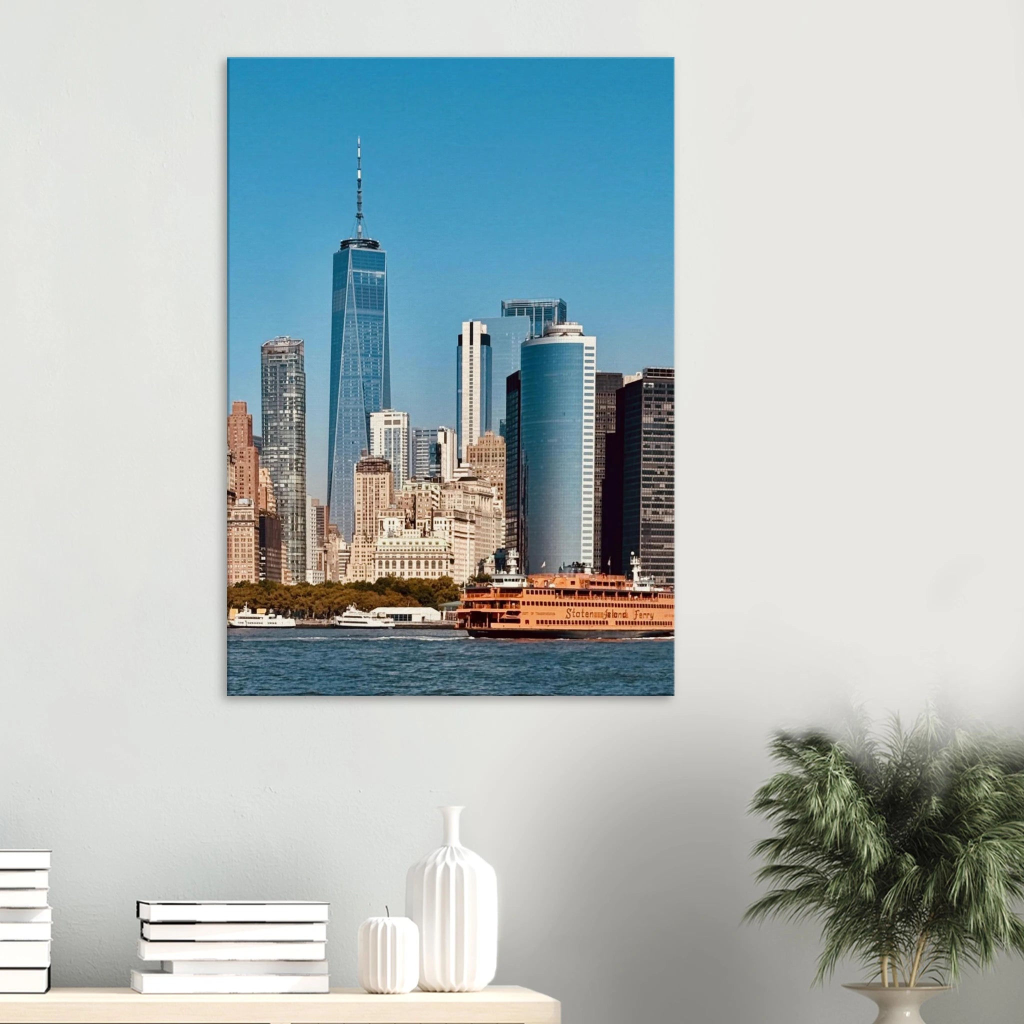 NYC skyline canvas print featuring the World Trade Center and Staten Island Ferry, part of the Travel Collection, studio edition.