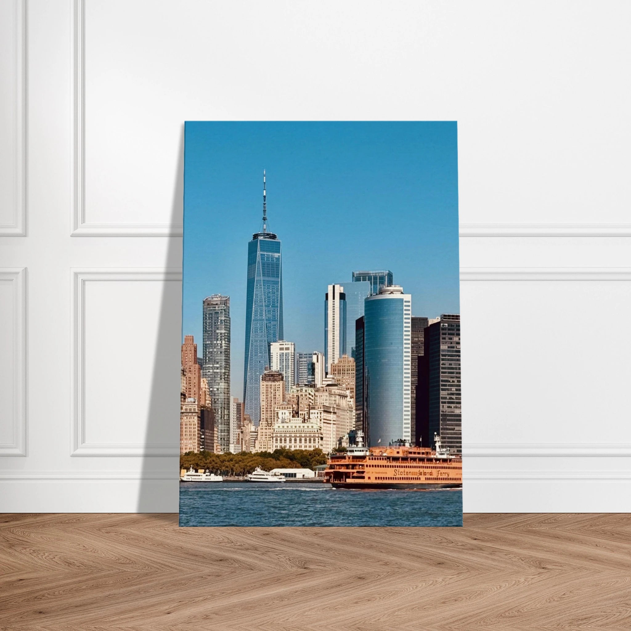 NYC skyline canvas print featuring the World Trade Center and Staten Island Ferry in the travel collection, studio edition.
