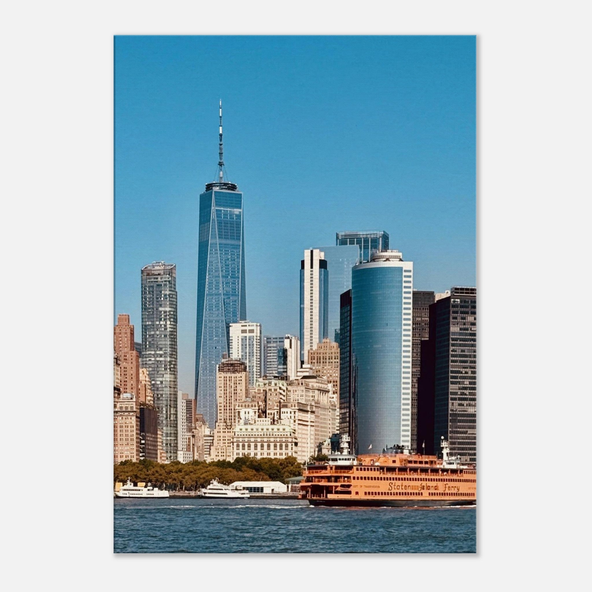 NYC skyline canvas print featuring the World Trade Center and Staten Island Ferry, Studio Edition, 20x30 cm, vibrant travel collection artwork.