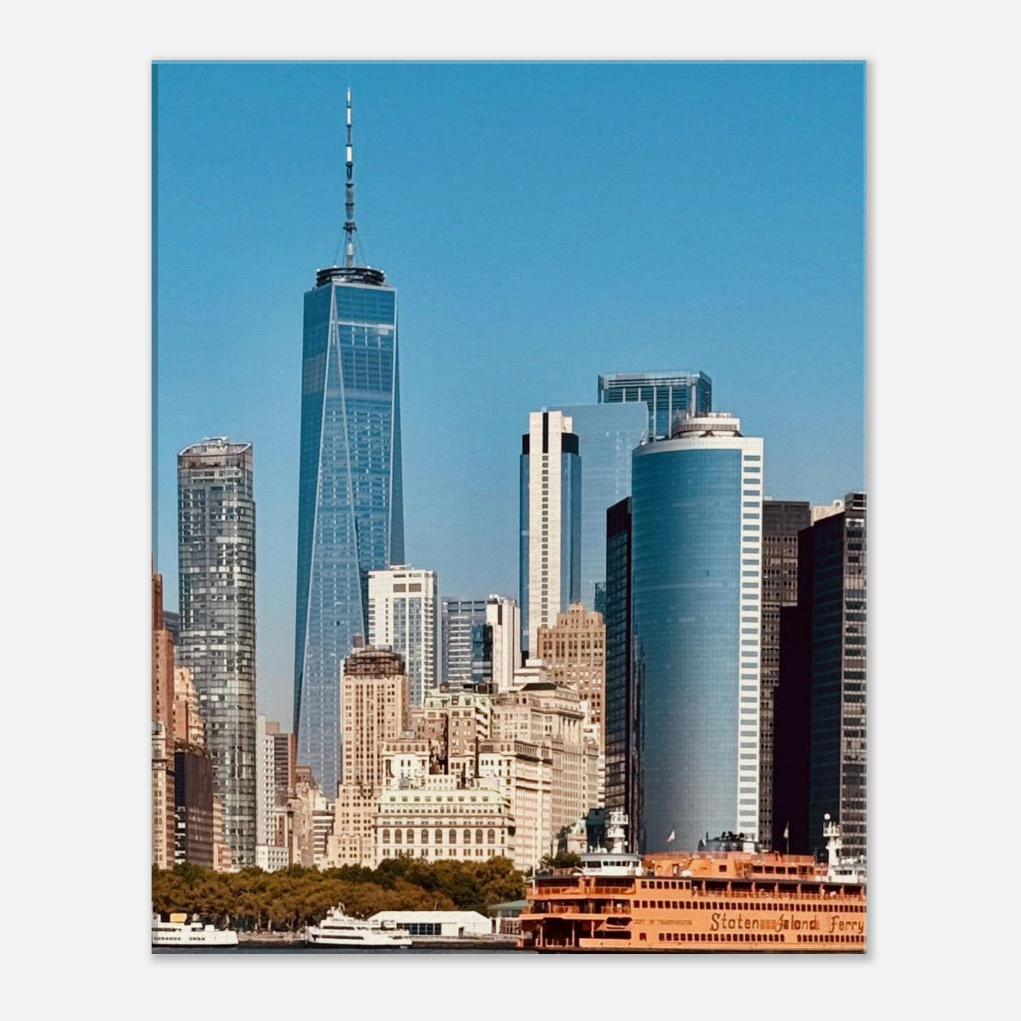 NYC Skyline canvas print featuring the World Trade Center and Staten Island Ferry, part of the Studio Edition travel collection.