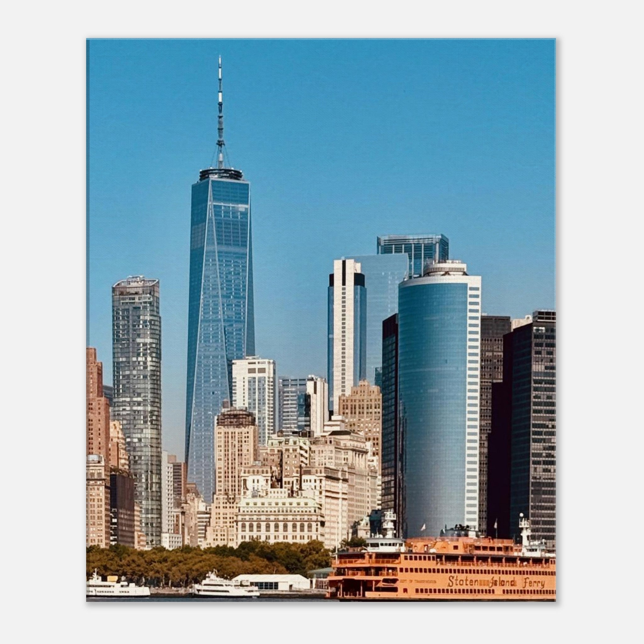 NYC Skyline canvas print featuring the World Trade Center and Staten Island Ferry, part of the Travel Collection, studio edition.