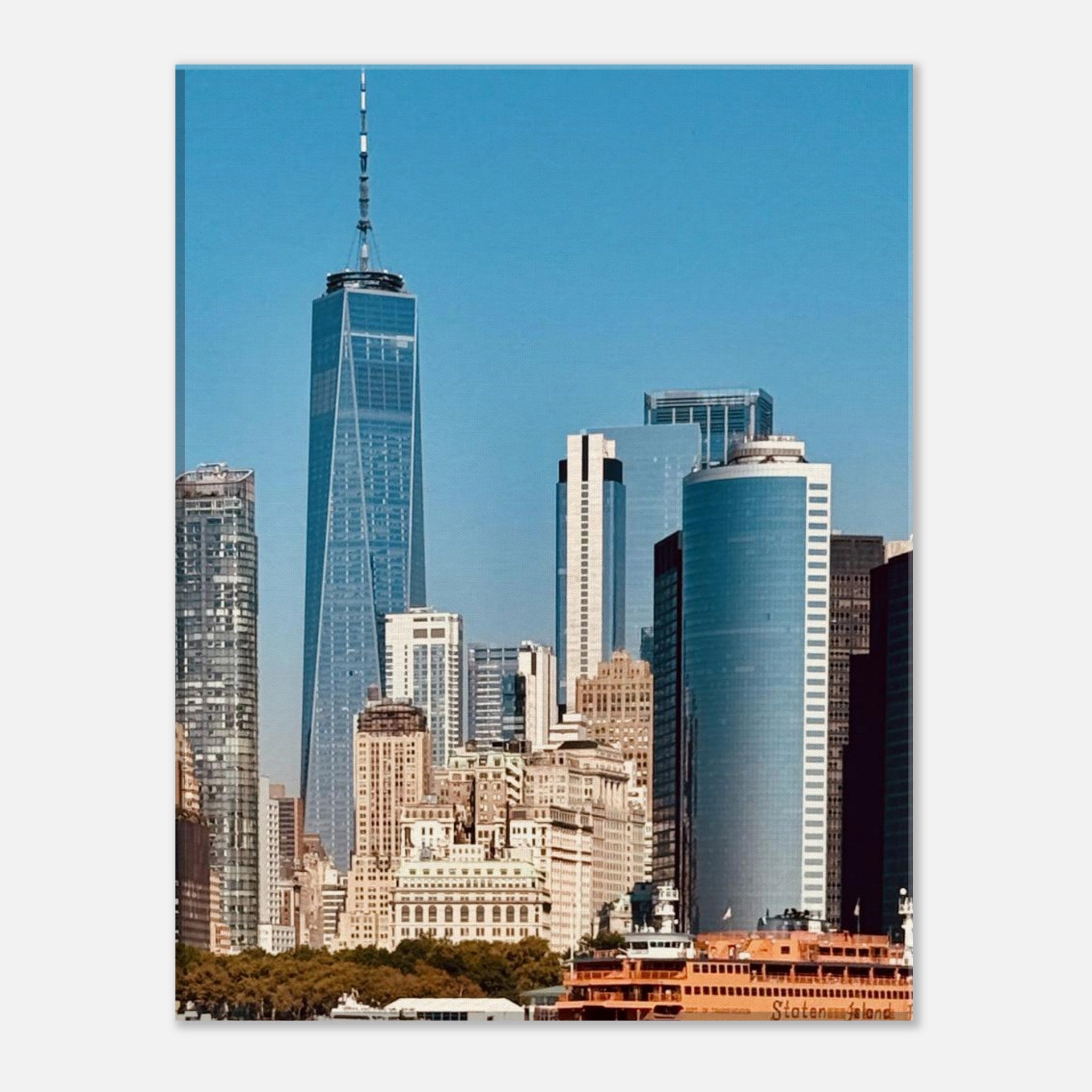 NYC Skyline canvas print featuring iconic World Trade Center and Staten Island Ferry, part of the Travel Collection, Studio Edition.