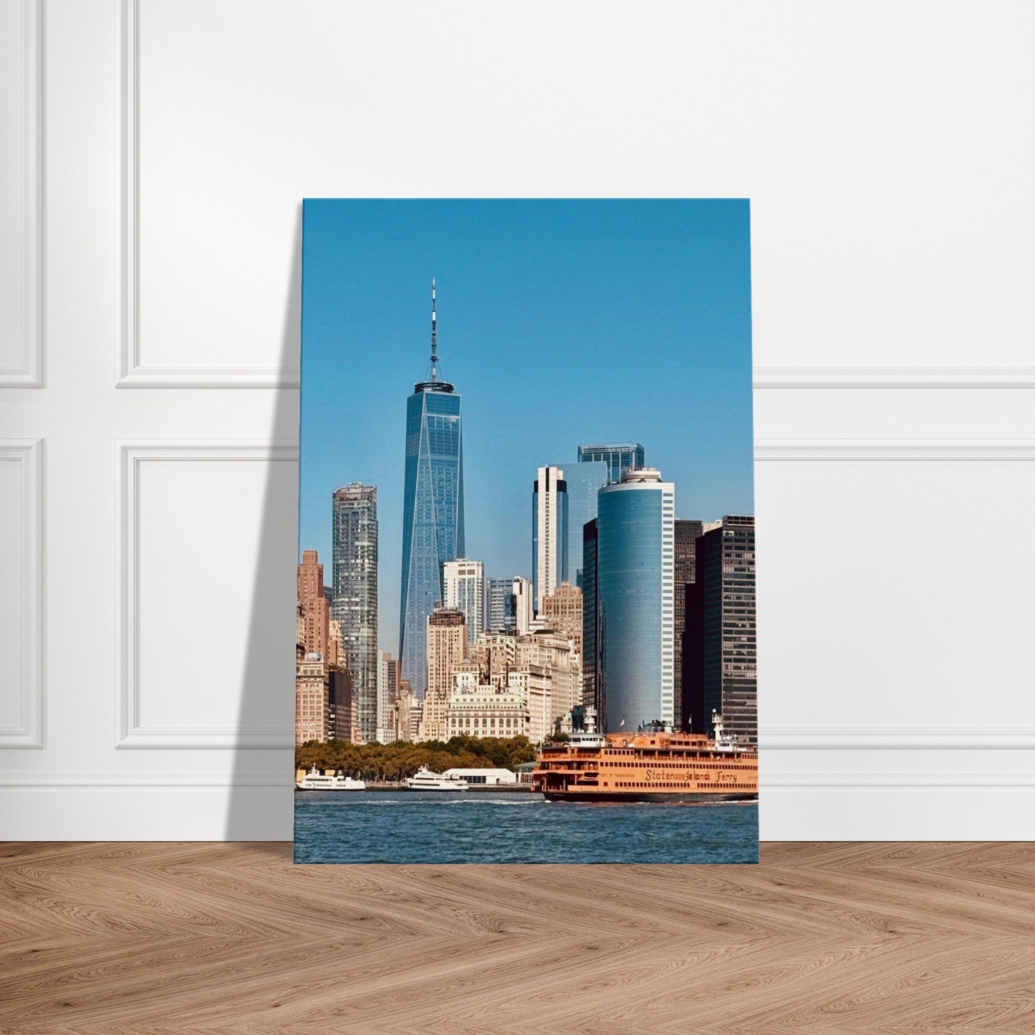 NYC skyline canvas print featuring the World Trade Center and Staten Island Ferry, part of the Travel Collection studio edition.