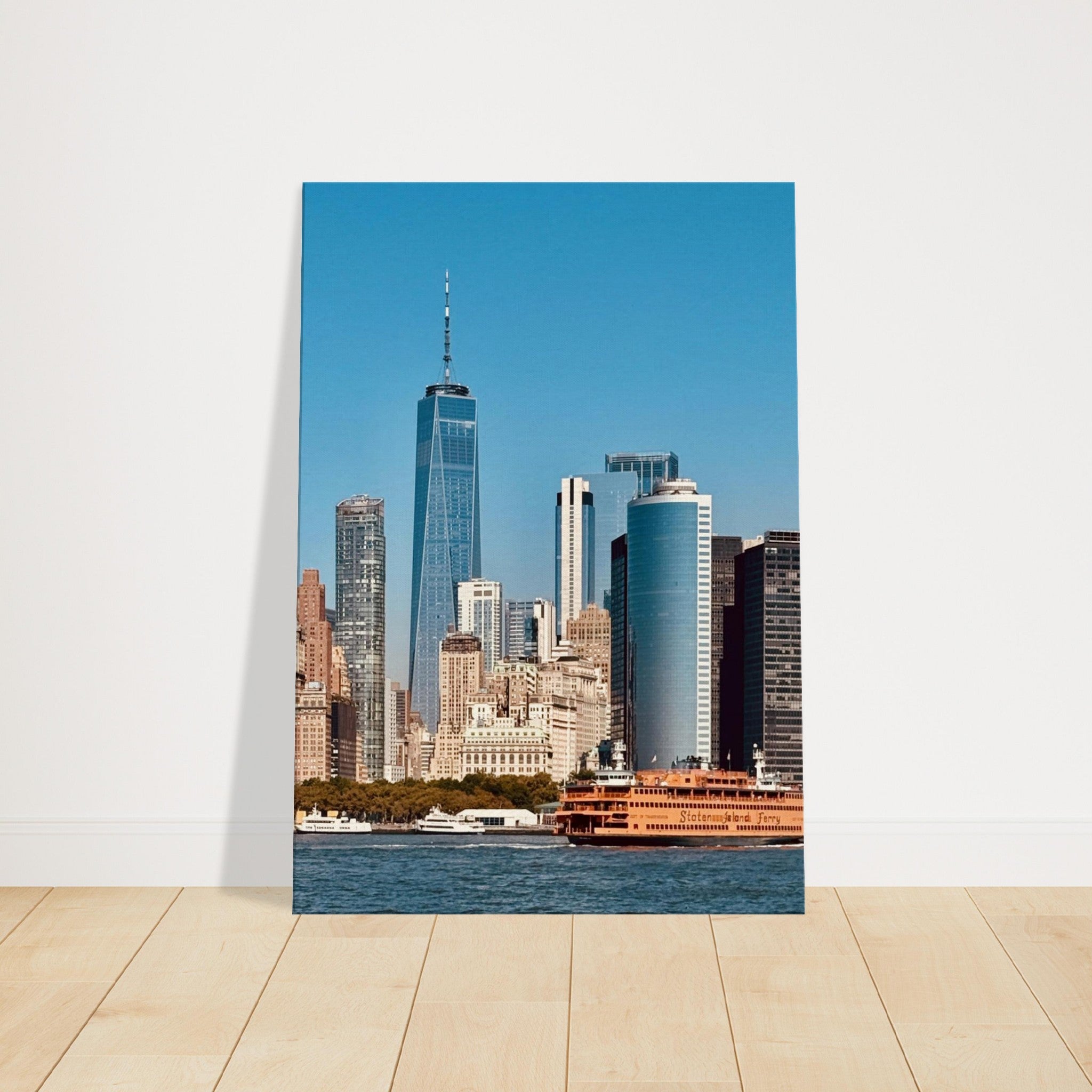 NYC Skyline canvas print featuring the World Trade Center and Staten Island Ferry, part of the Studio Edition Travel Collection.