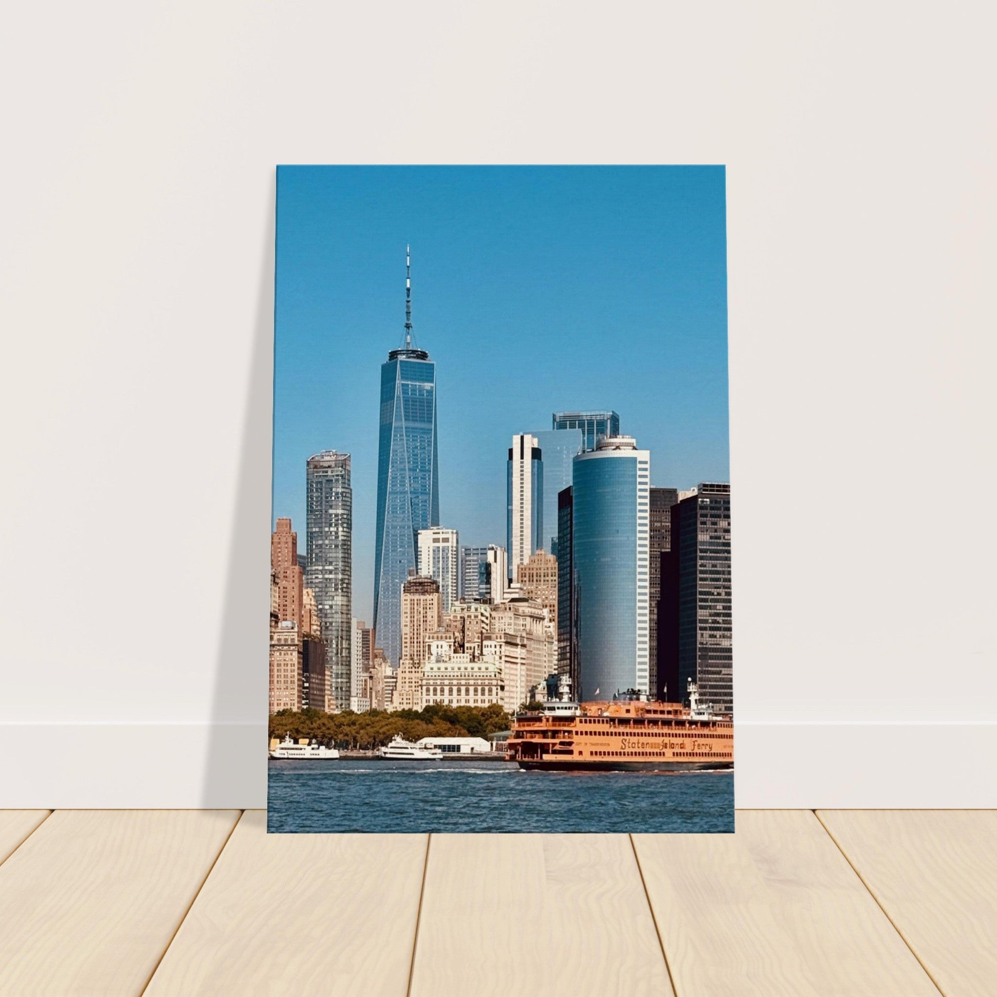 NYC Skyline canvas print featuring the World Trade Center and Staten Island Ferry, part of the Travel Collection, Studio Edition.