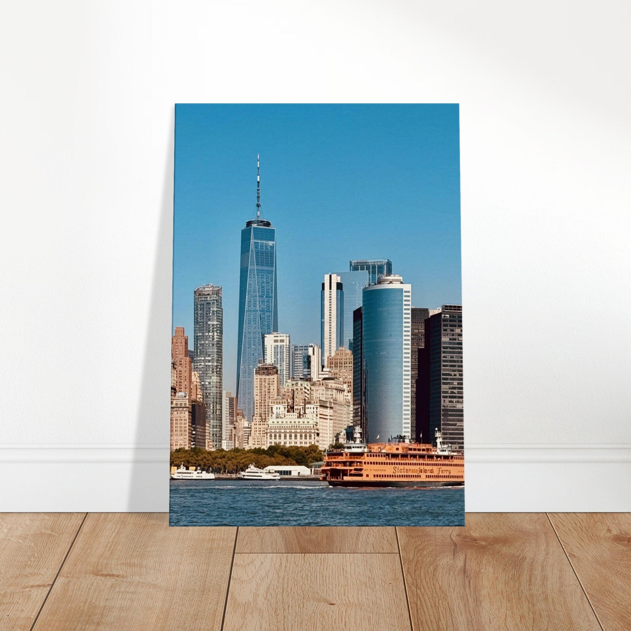 NYC Skyline canvas print featuring the World Trade Center and Staten Island Ferry, part of the Travel Collection, Studio Edition.
