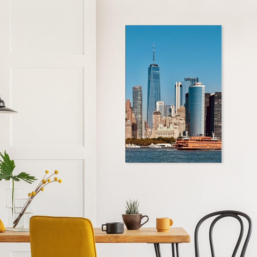 NYC skyline canvas print featuring the World Trade Center and Staten Island Ferry, part of the Studio Edition Travel Collection.