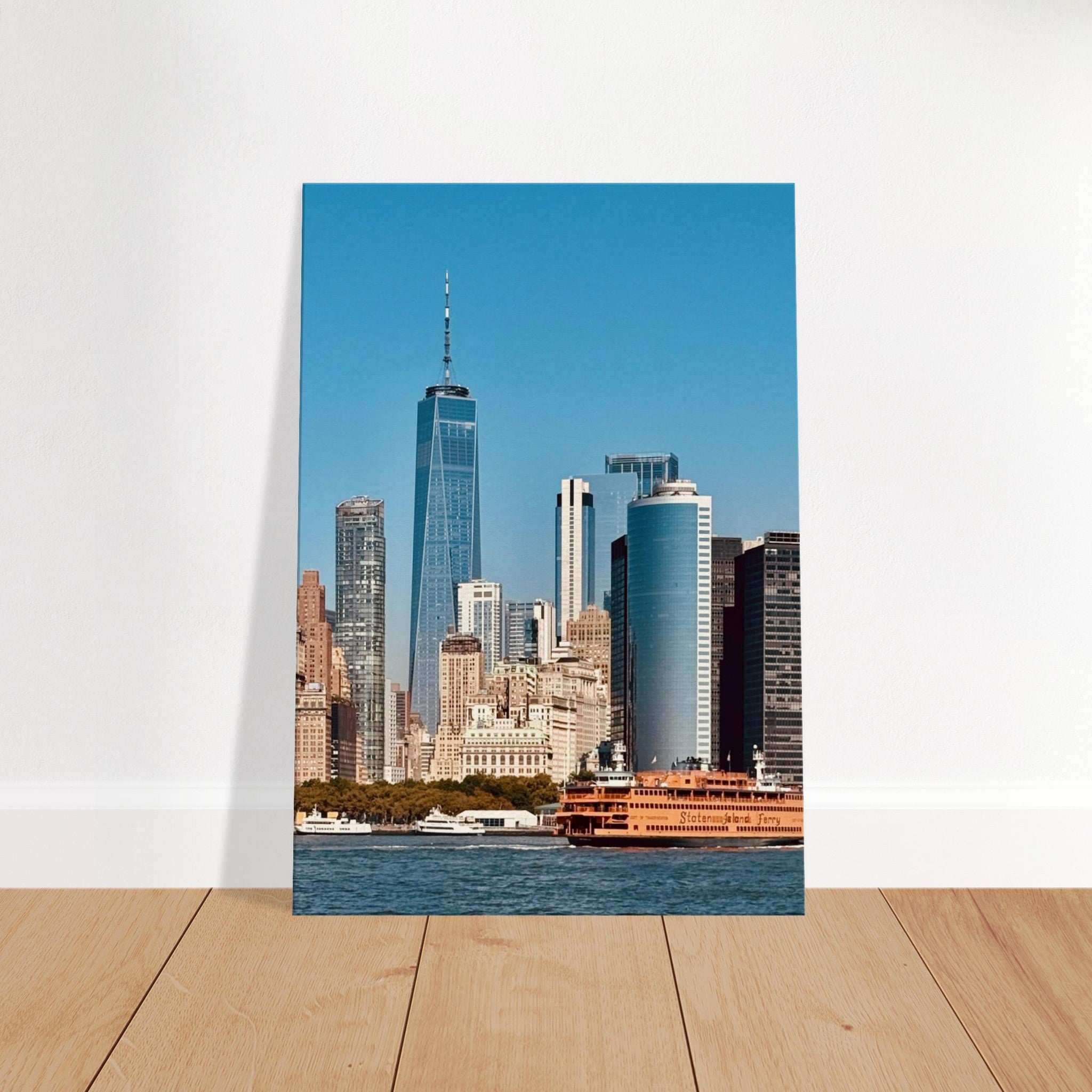 NYC Skyline canvas print featuring World Trade Center and Staten Island Ferry, travel collection studio edition, 20x30 cm.