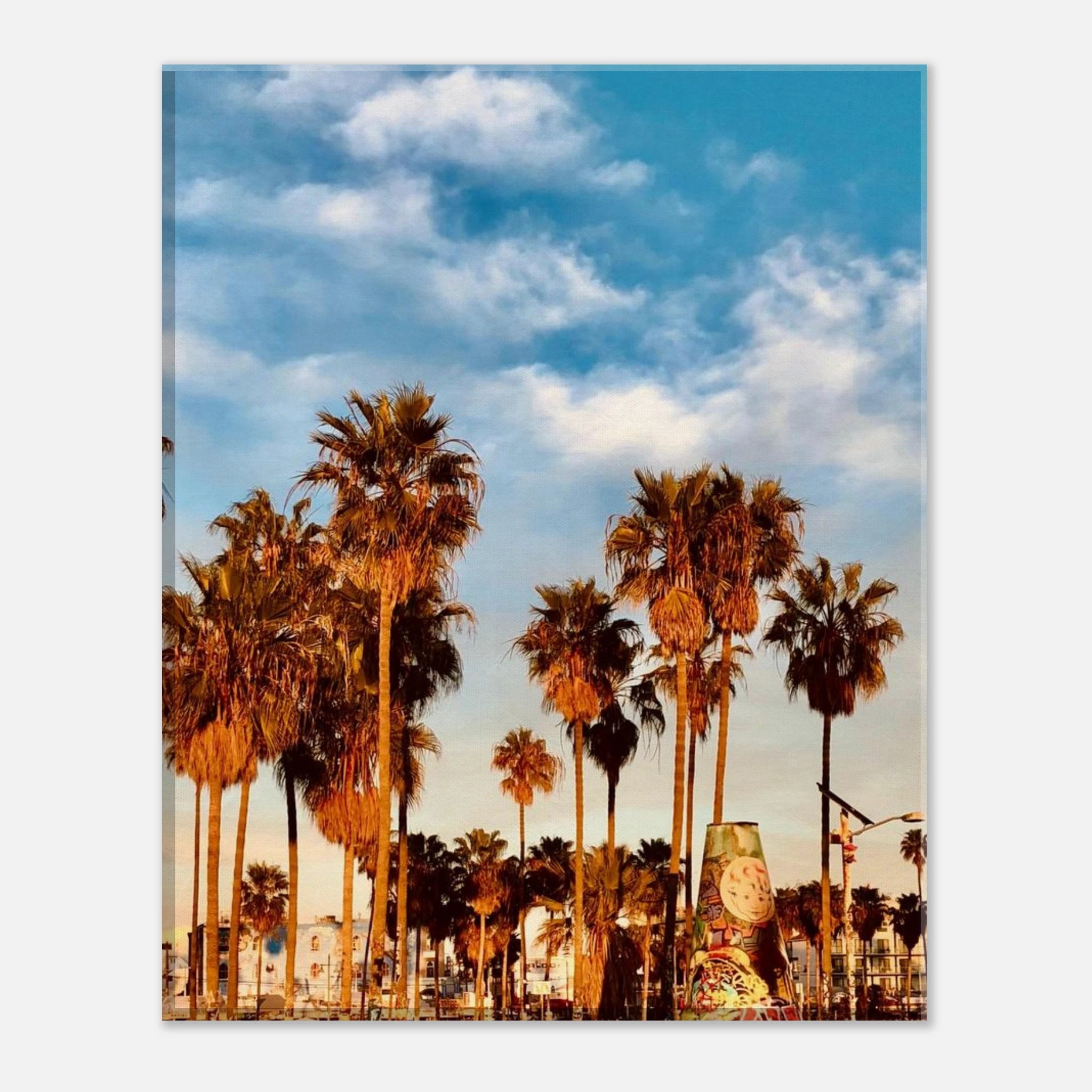 Venice Beach canvas print featuring edgy palm trees oasis with graffiti design, showcasing California beach art on durable print material.