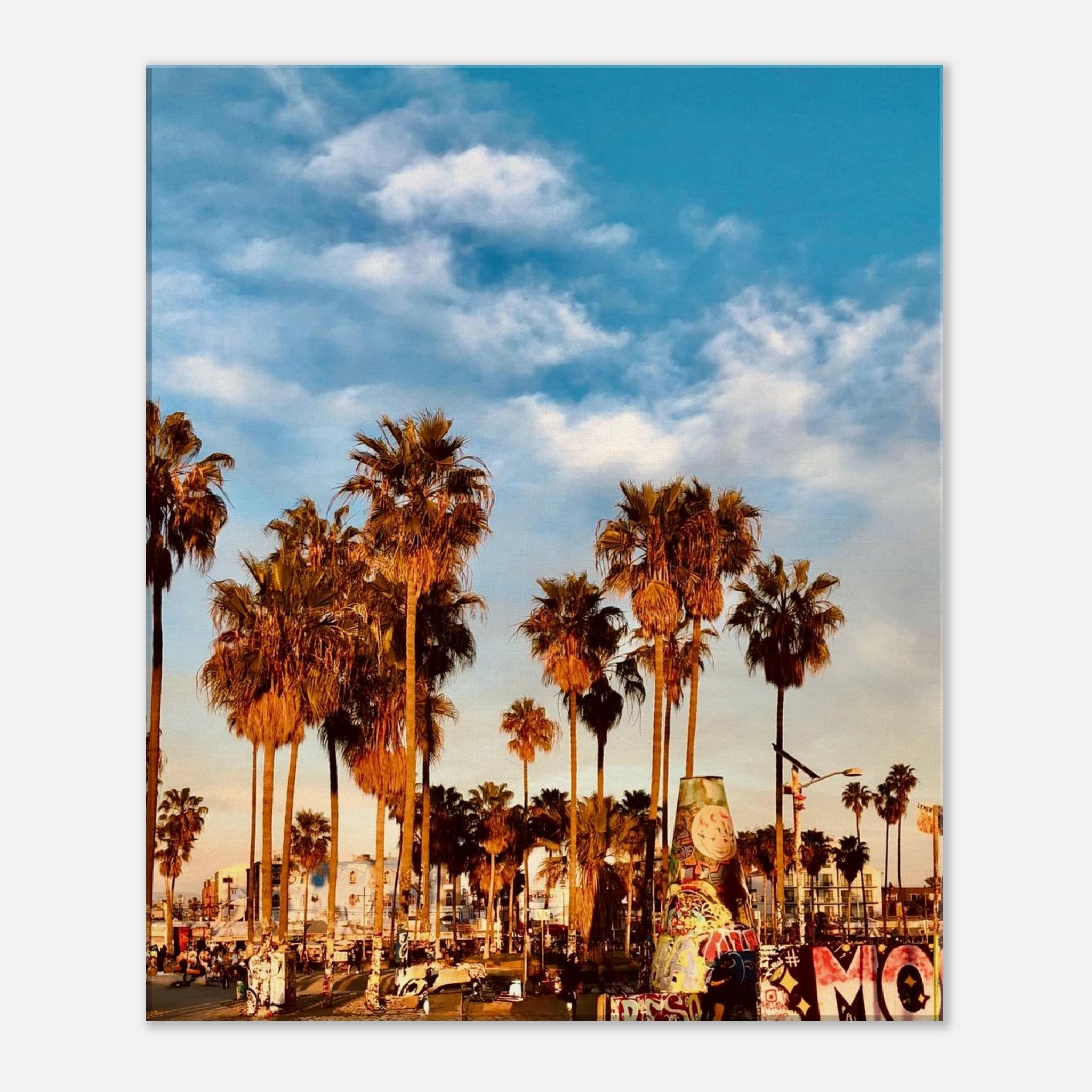 SoCal Beach canvas print featuring edgy palm trees and graffiti design, showcasing California beach scene on high-quality print material.