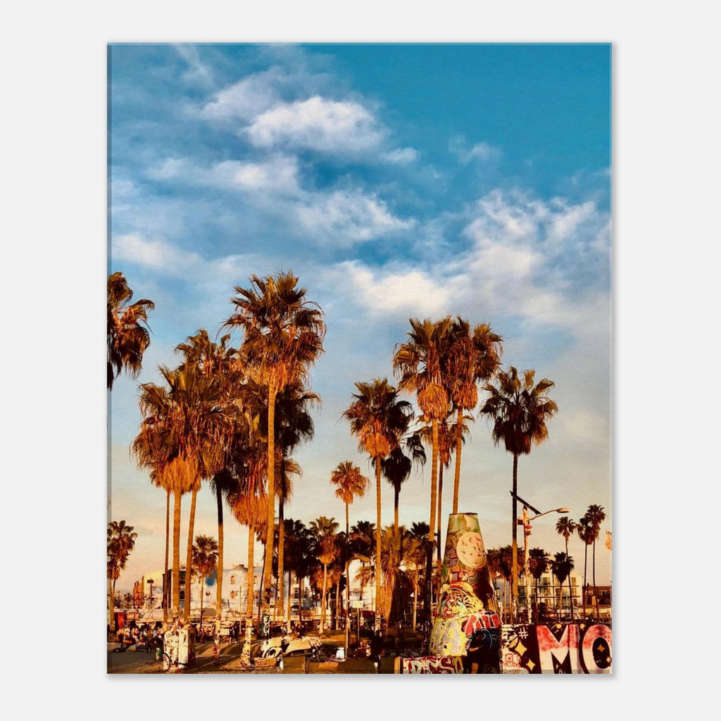 SoCal Beach Canvas Print featuring edgy palm trees and graffiti design, California-themed wall art on canvas.