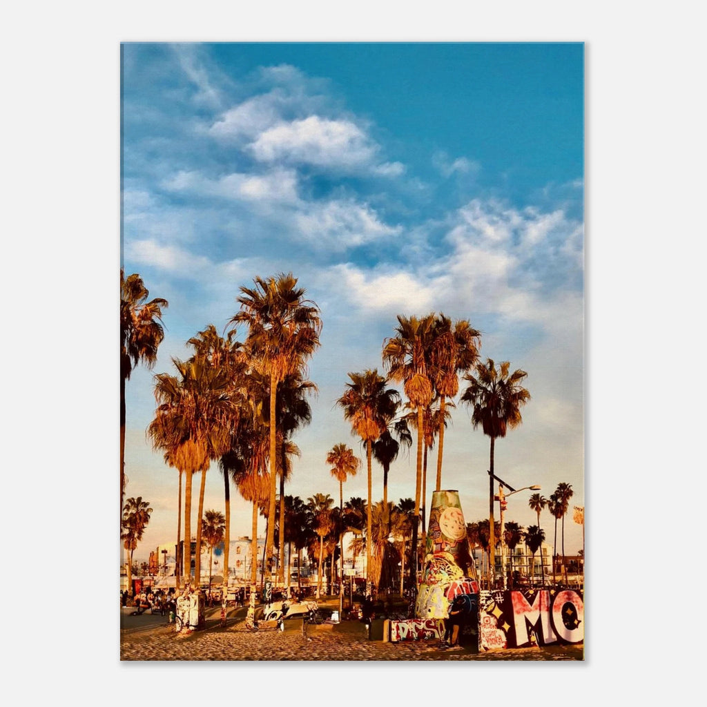 SoCal Beach canvas print featuring palm trees and graffiti California wall art, with edgy design on a 20x30 cm print material.