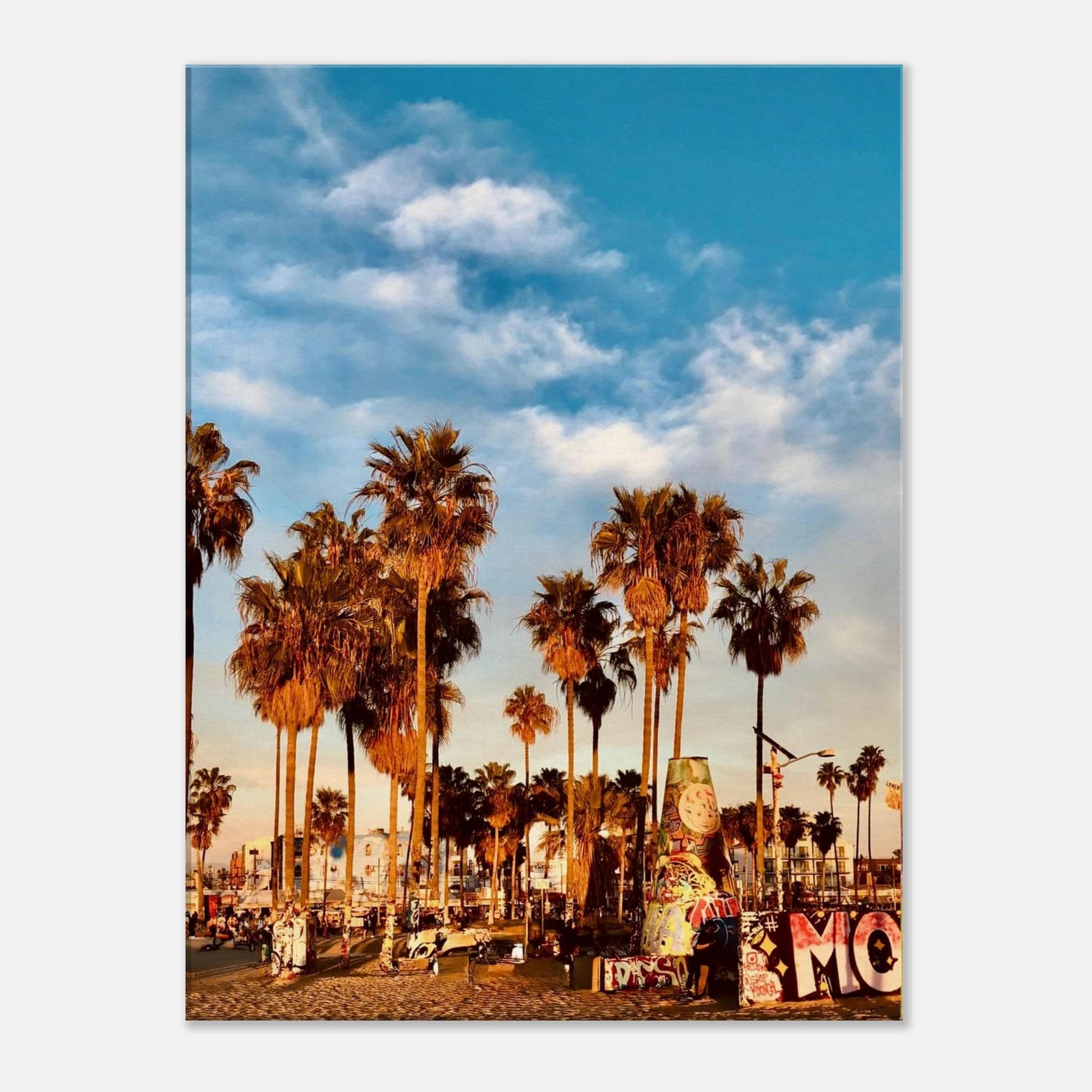 SoCal Beach canvas print featuring edgy palm trees oasis with graffiti design, showcasing vibrant California coastal artwork.