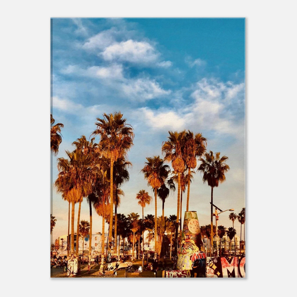 SoCal Beach canvas print featuring edgy palm trees oasis with graffiti design, California-themed Studio Edition artwork.