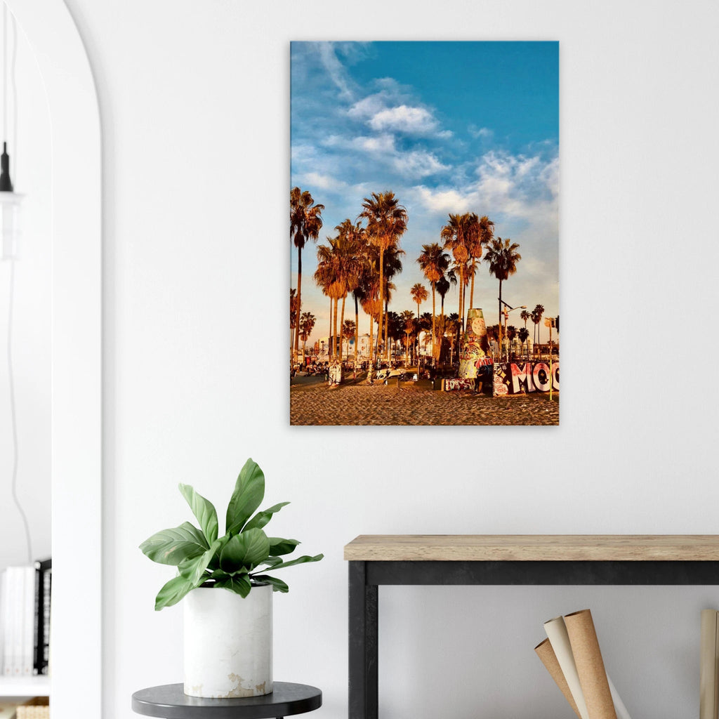 SoCal Beach canvas print featuring edgy palm trees oasis with graffiti design, California-themed studio edition artwork.