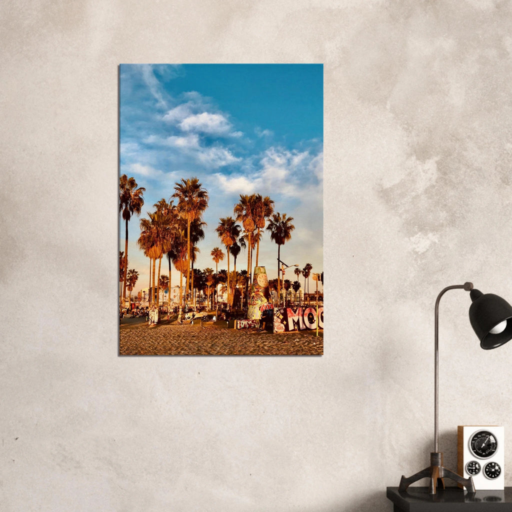 SoCal Beach Canvas Print featuring edgy palm trees and graffiti design, California-inspired artwork on canvas material.