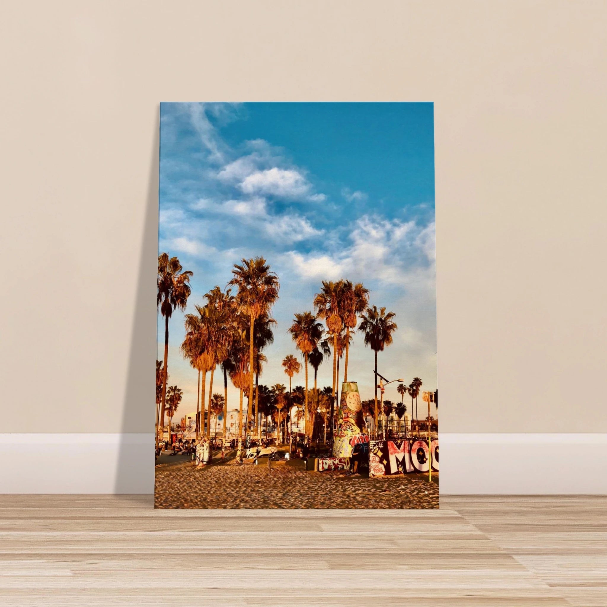 SoCal Beach Canvas Print featuring edgy palm trees, graffiti design, California beach scene, Studio Edition, 20x30cm print material