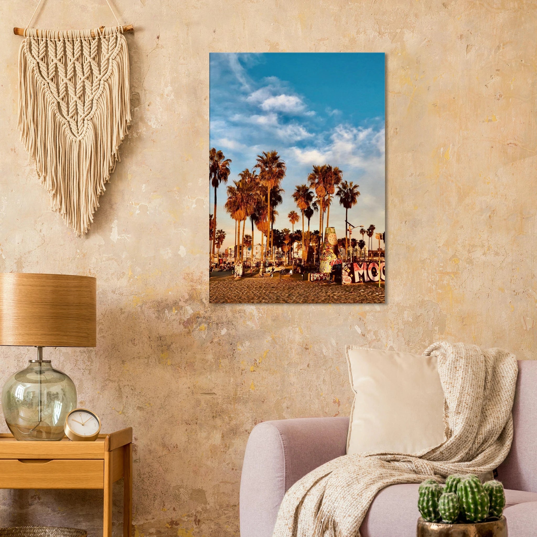 California canvas print featuring edgy palm trees and graffiti design, perfect for beach oasis decor, 20x30 cm print material.