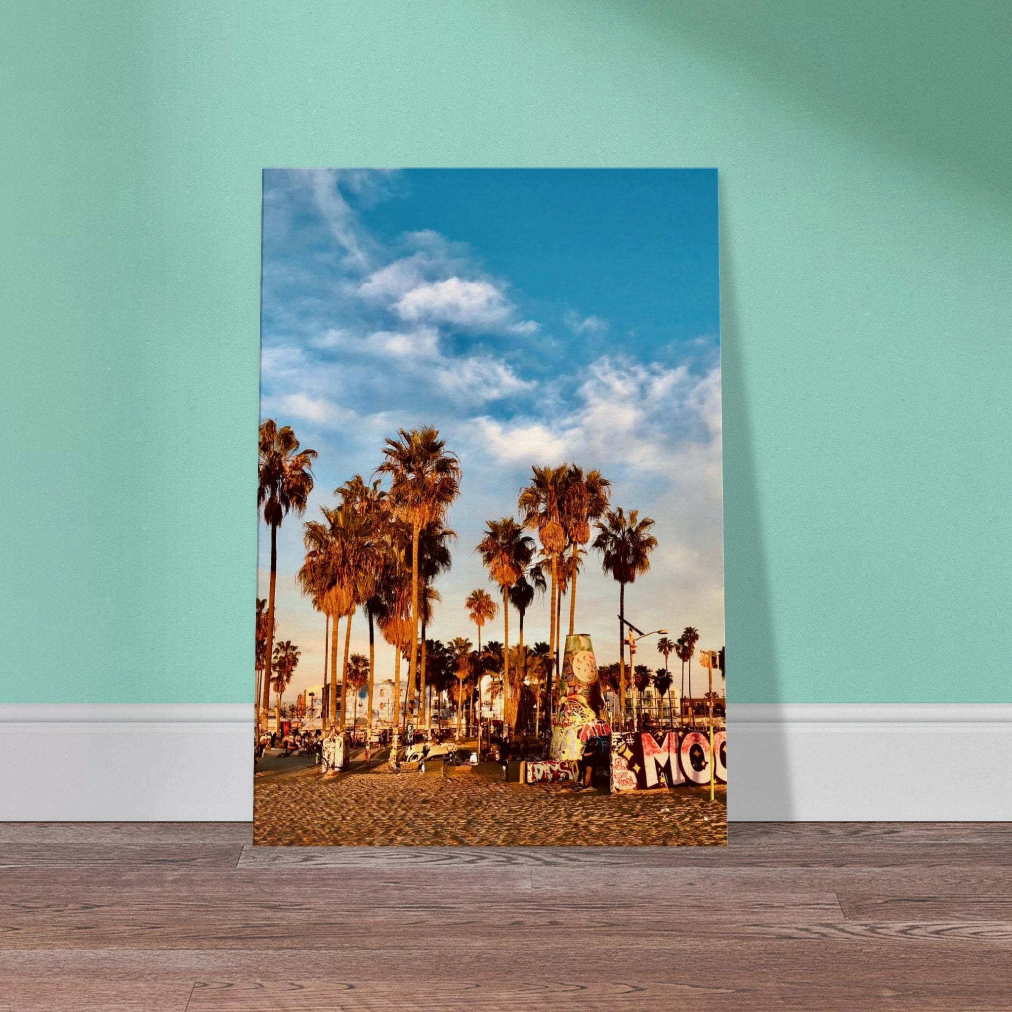SoCal Beach canvas print featuring edgy palm trees and graffiti design, California-themed studio edition wall art.