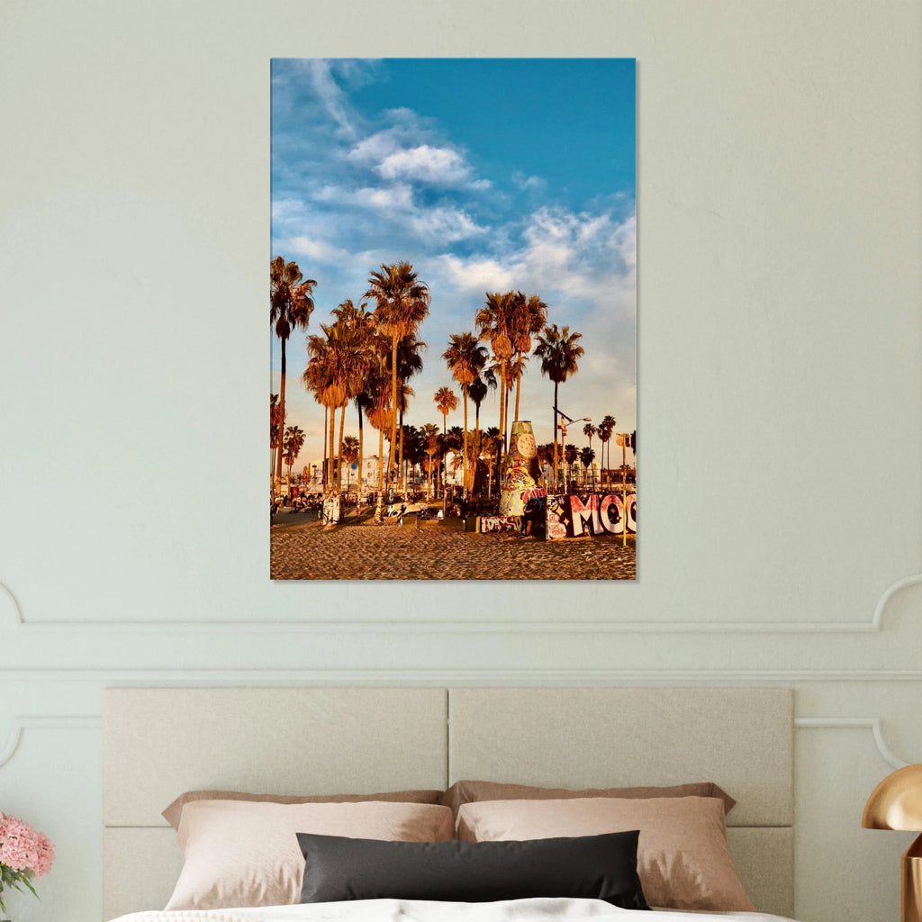 SoCal Beach canvas print featuring edgy palm trees and graffiti design, California-themed art on durable print material.