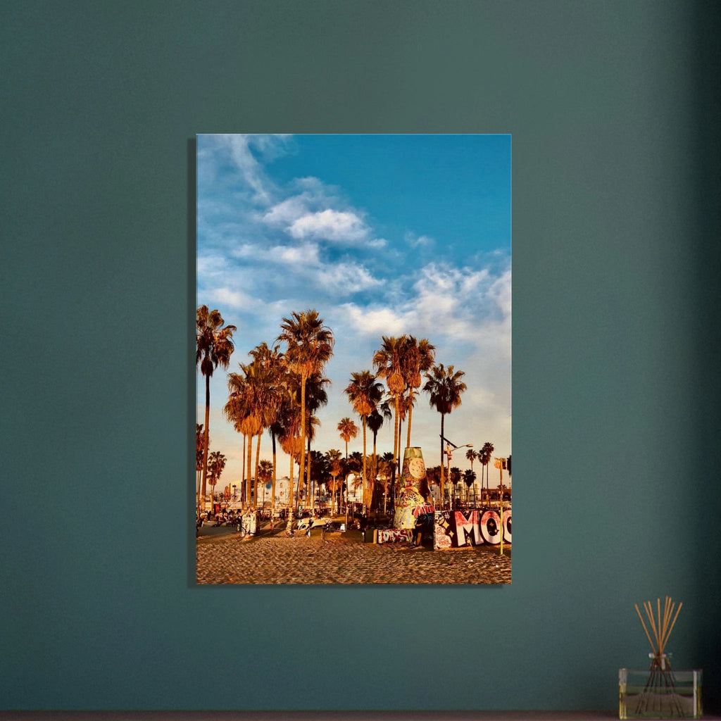 Canvas print of edgy palm trees and graffiti design, California beach scene, Studio Edition, 20x30 cm, vibrant art for wall decor.
