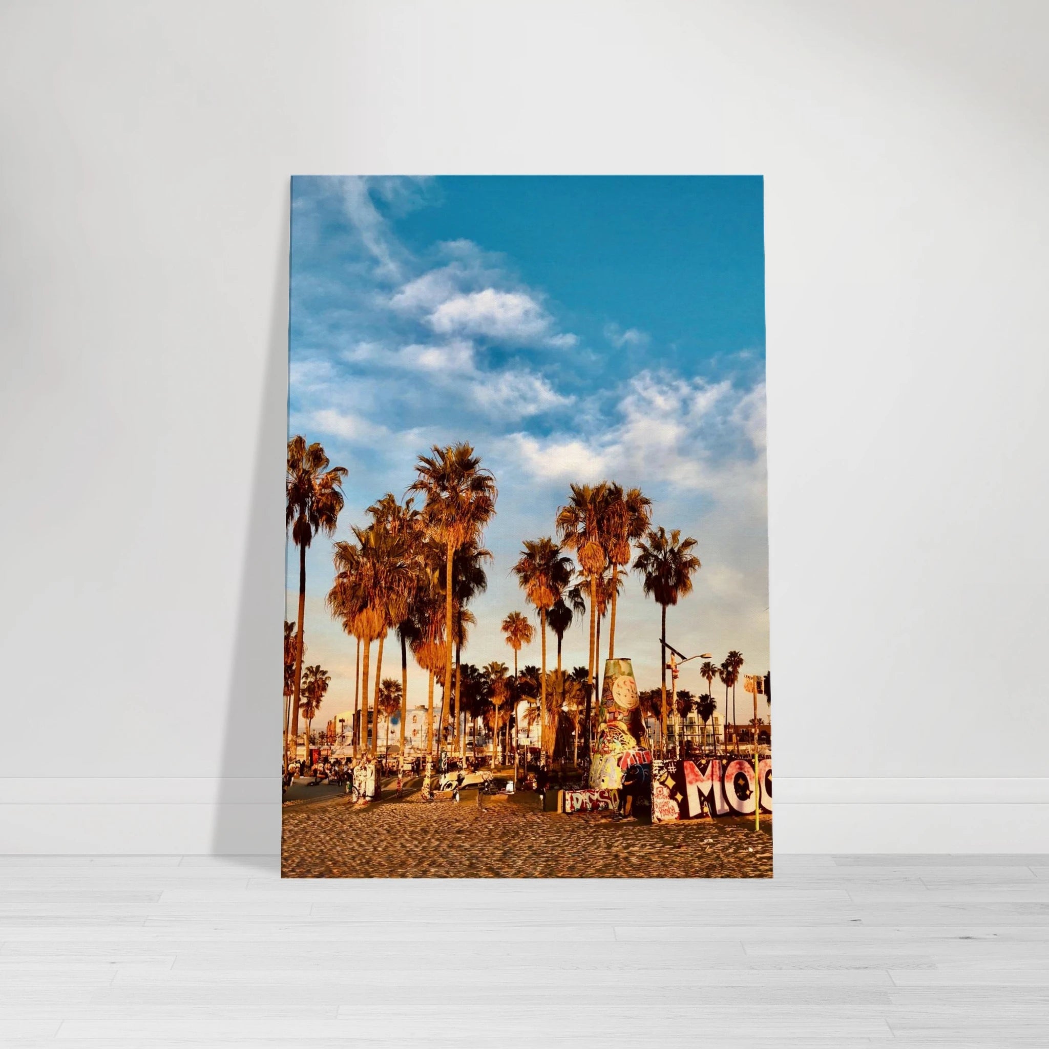 Canvas print featuring edgy palm trees and graffiti design, California beach oasis scene, Studio Edition by My Store.