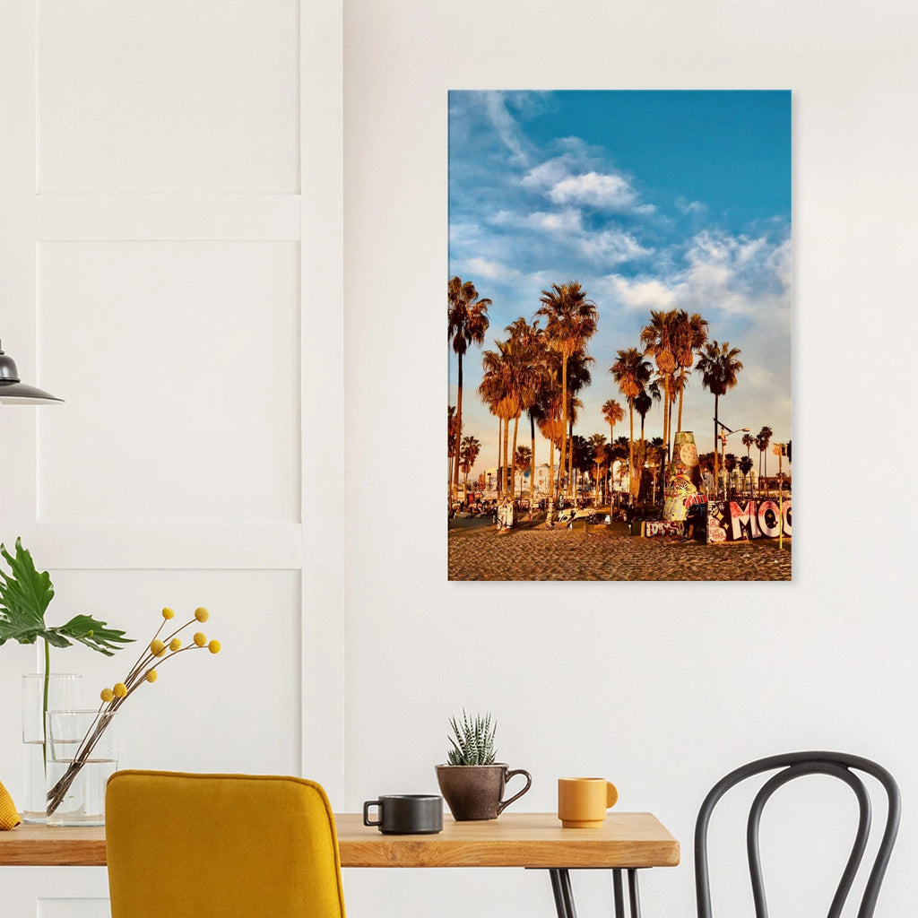 SoCal Beach Canvas Print featuring edgy palm trees oasis and graffiti design, California-themed artwork on canvas.