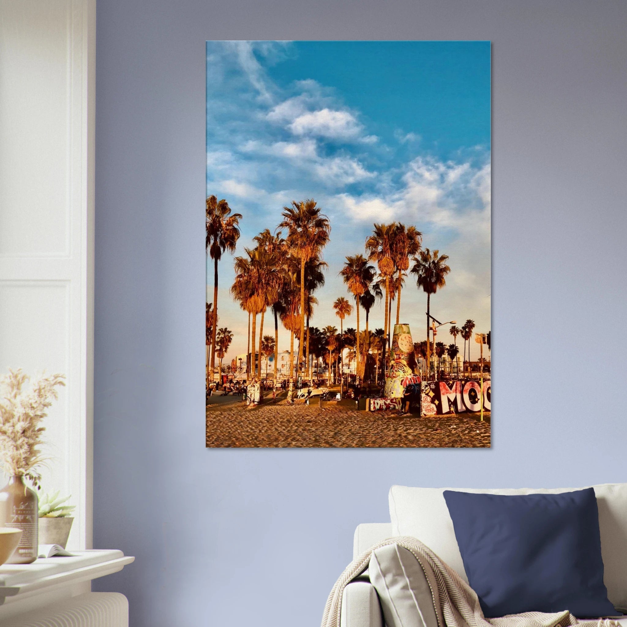 SoCal Beach canvas print featuring edgy palm trees oasis with graffiti design, California-themed Studio Edition print on canvas material.
