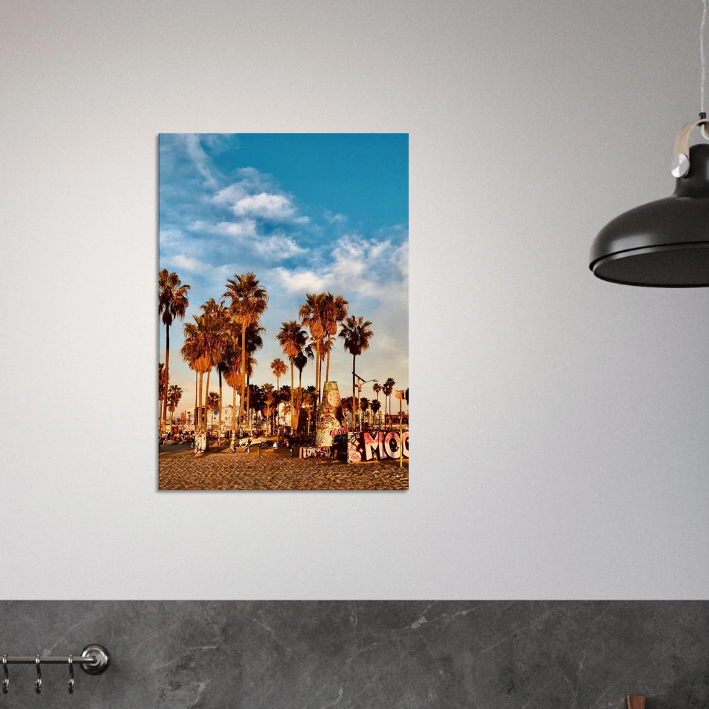 SoCal Beach canvas print featuring edgy palm trees oasis with graffiti design, California-themed art on durable print material.