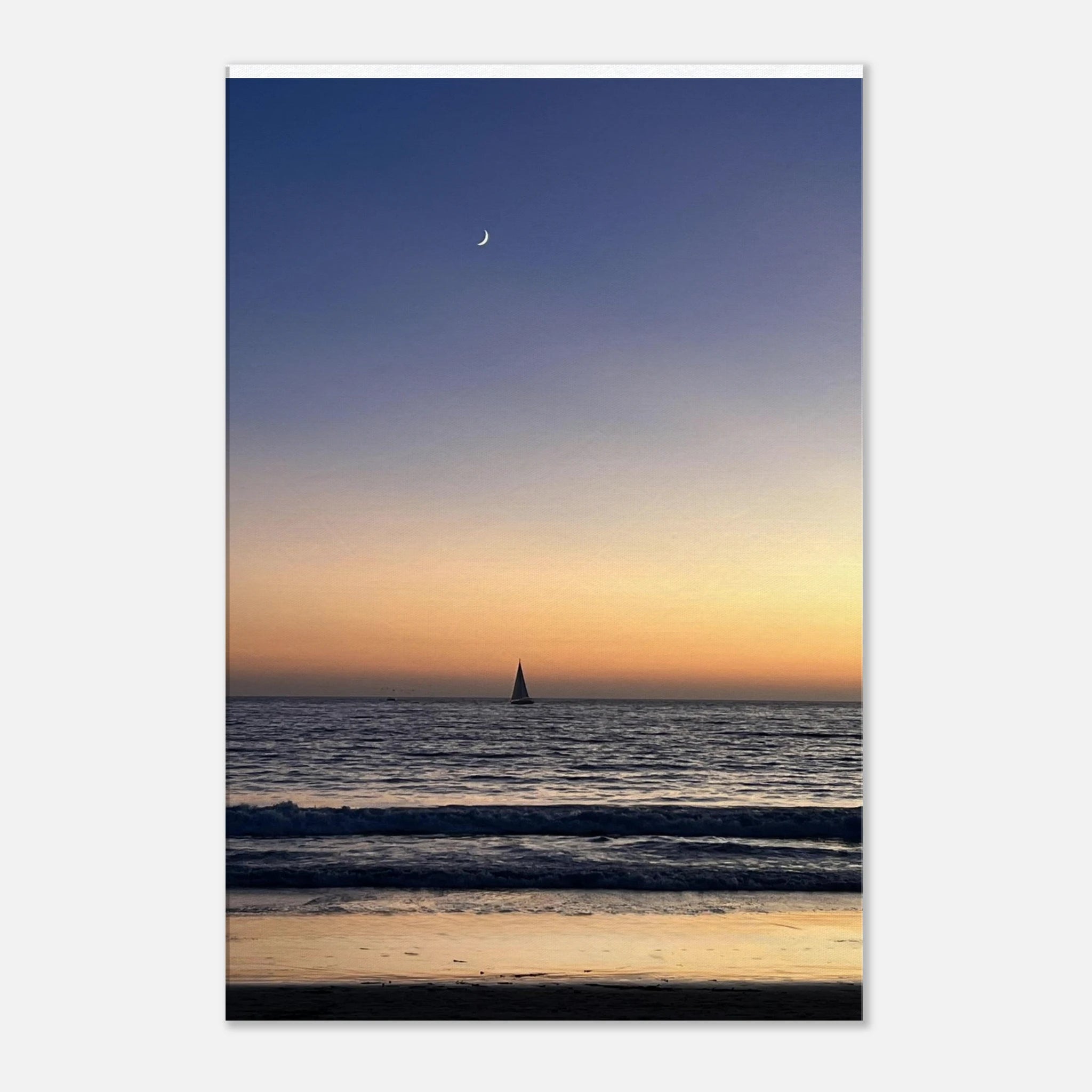 Venice California sunset canvas print featuring a new moon and magical vibes, showcasing vibrant colors and artistic detail.
