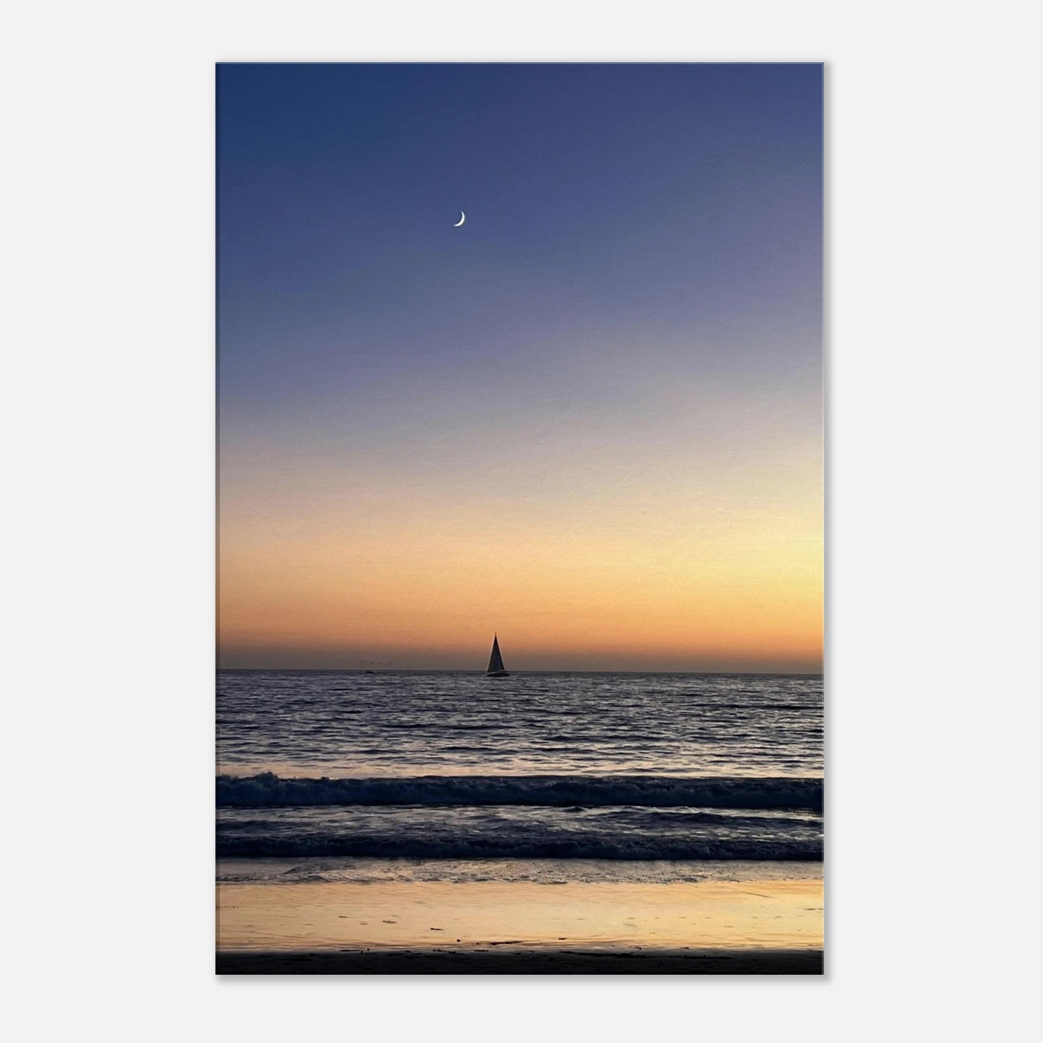 Venice California sunset canvas print featuring a new moon and magical vibes, showcasing vibrant colors and artistic detail.
