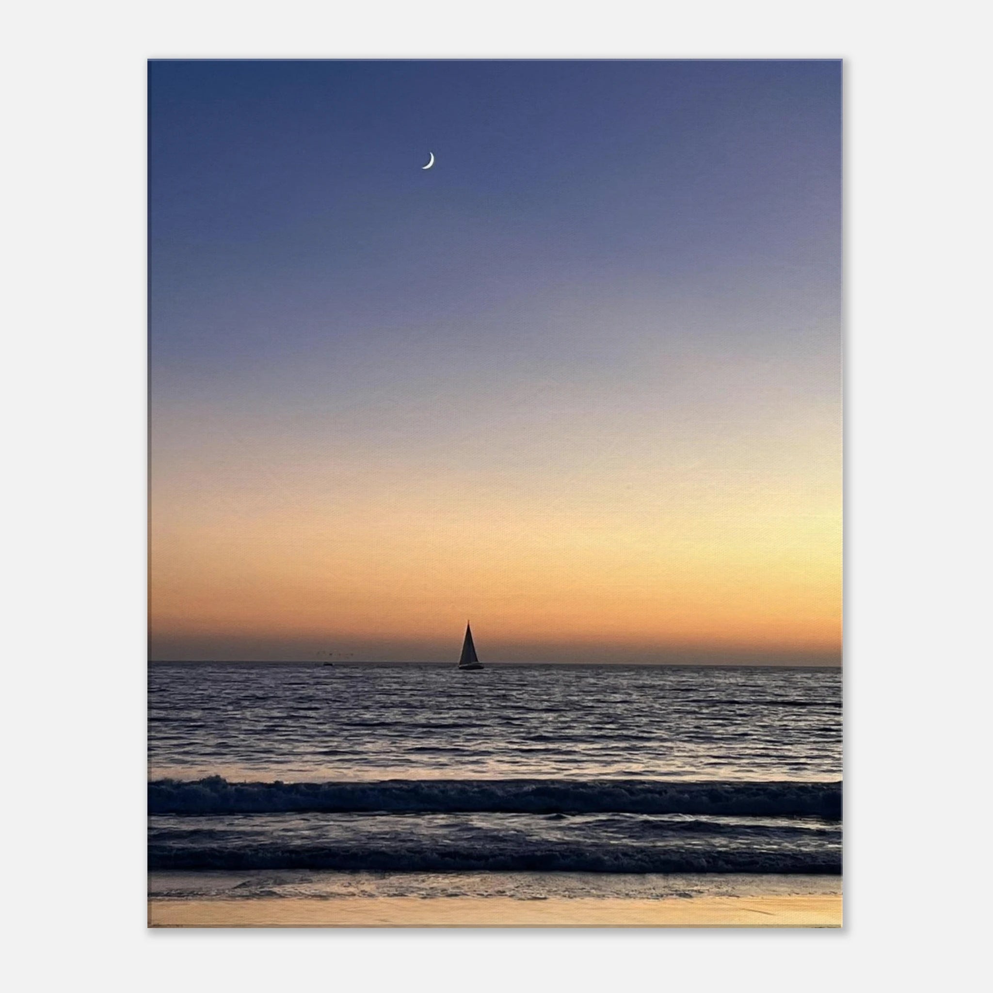 Venice California sunset canvas print featuring a new moon and magical vibes, showcasing vibrant fall colors and artistic detail.