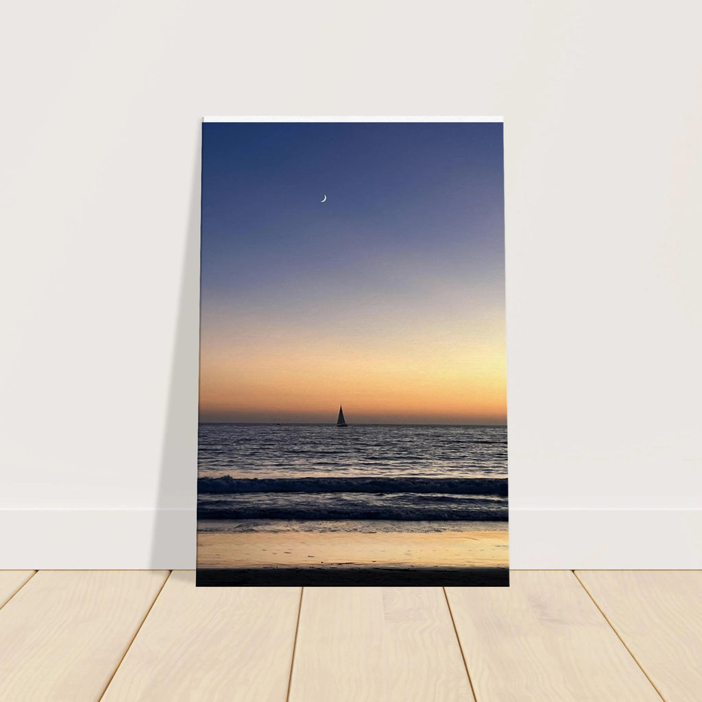 California canvas print featuring a SoCal fall sunset with a new moon, showcasing vibrant sunset colors and scenic landscape.