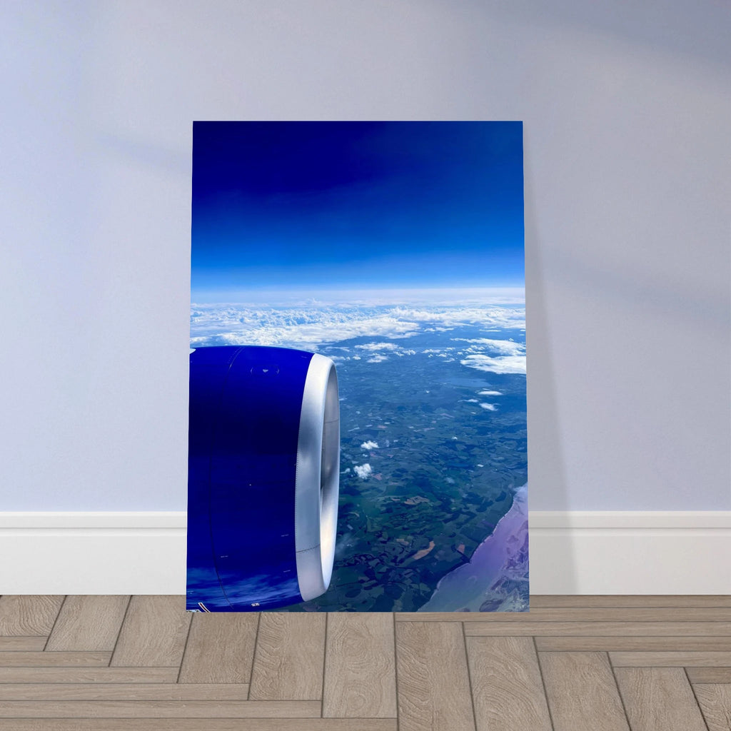 Aluminum print of a cross-Atlantic airplane turbine view, part of the travel collection studio edition, showcasing detailed aircraft imagery.
