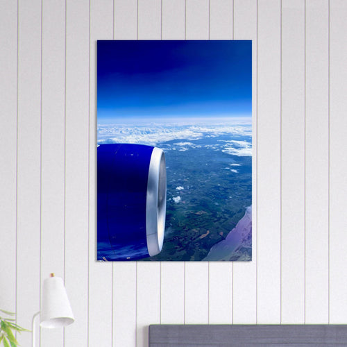 Aluminum wall art print of an airplane turbine with a cross-Atlantic view, perfect for aviation travel décor.