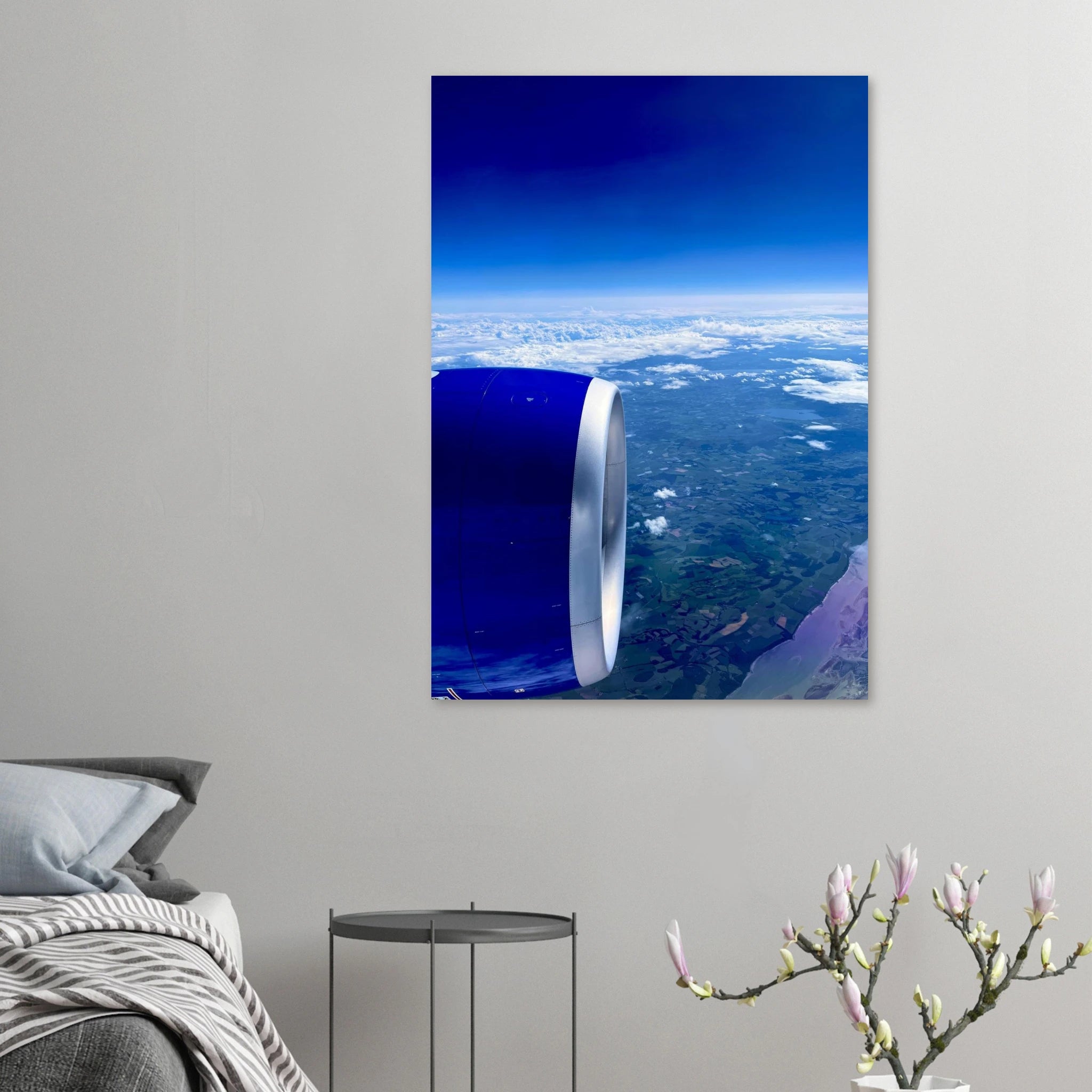 Aluminum print of a cross-Atlantic airplane turbine view from the travel collection, showcasing detailed aircraft engine artwork.