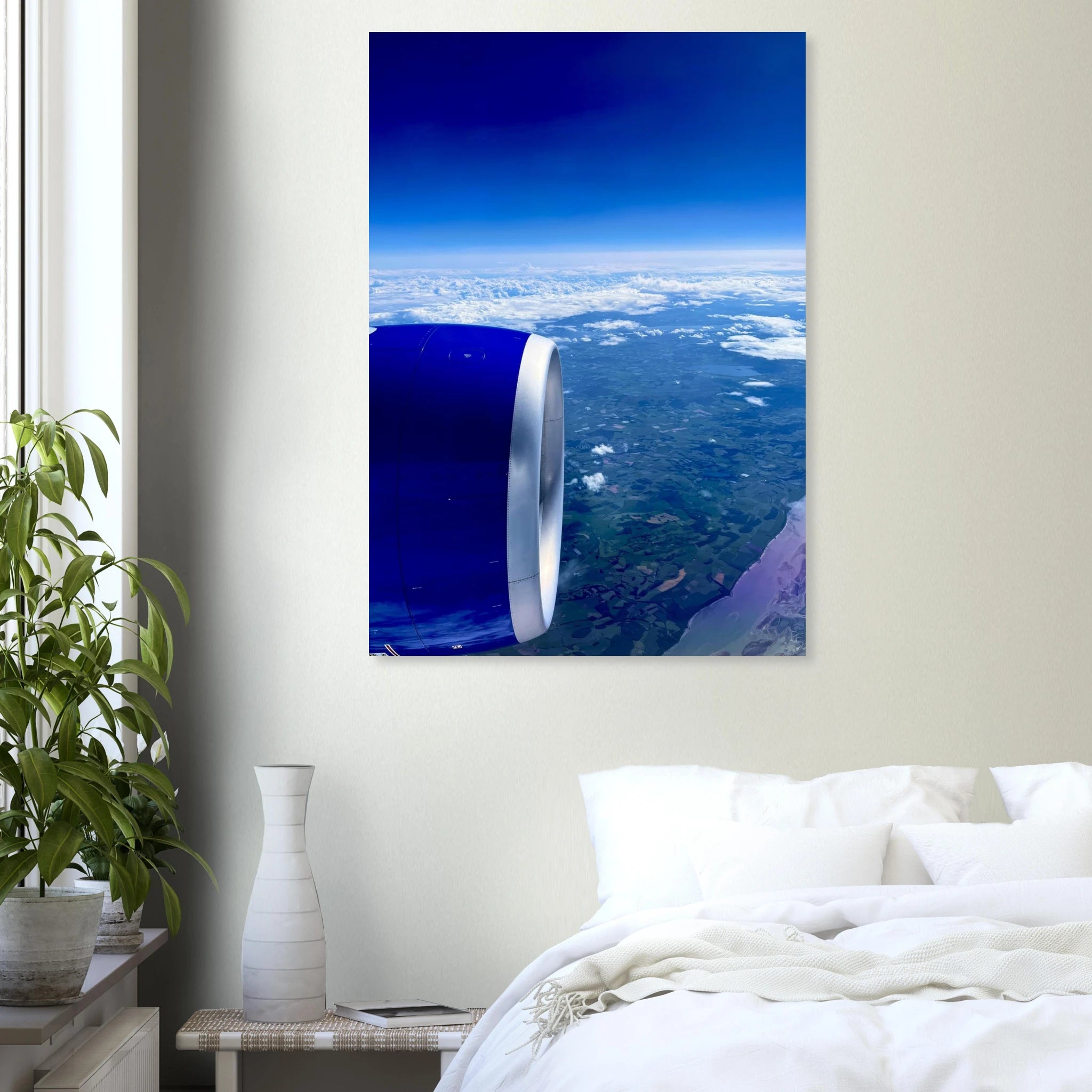 Aluminum print of a cross-Atlantic airplane turbine view, part of the travel collection, studio edition artwork by My Store.