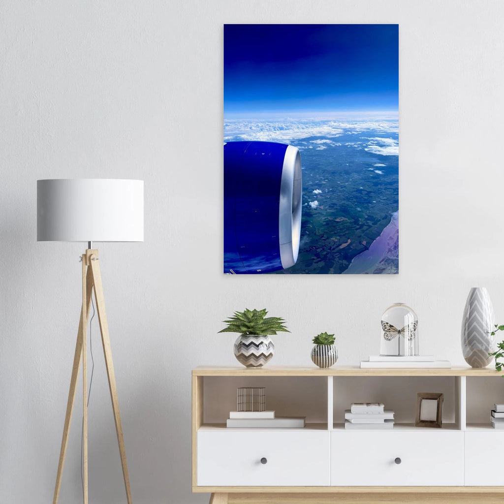 Aluminum print of a cross-Atlantic airplane turbine view from the travel collection, studio edition, 20x30 cm.